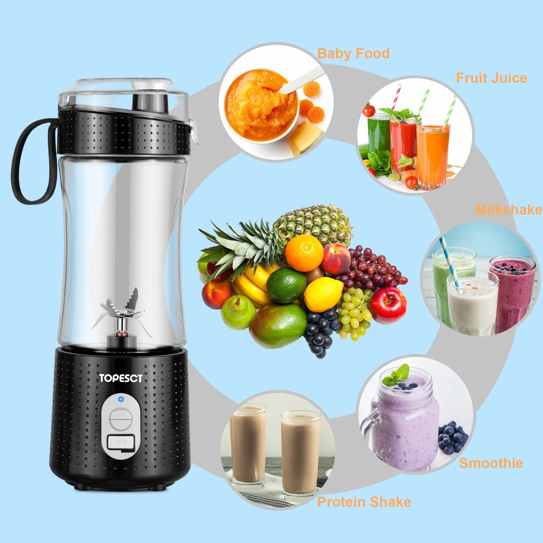TOPESCT Przenośny blender, osobisty mikser do owoców, ładowany przez USB, mini blender do smoothie, soku owocowego, koktajli mlecznych 380 ml, sześć ostrzy 3D do świetnego mieszania (czarny)