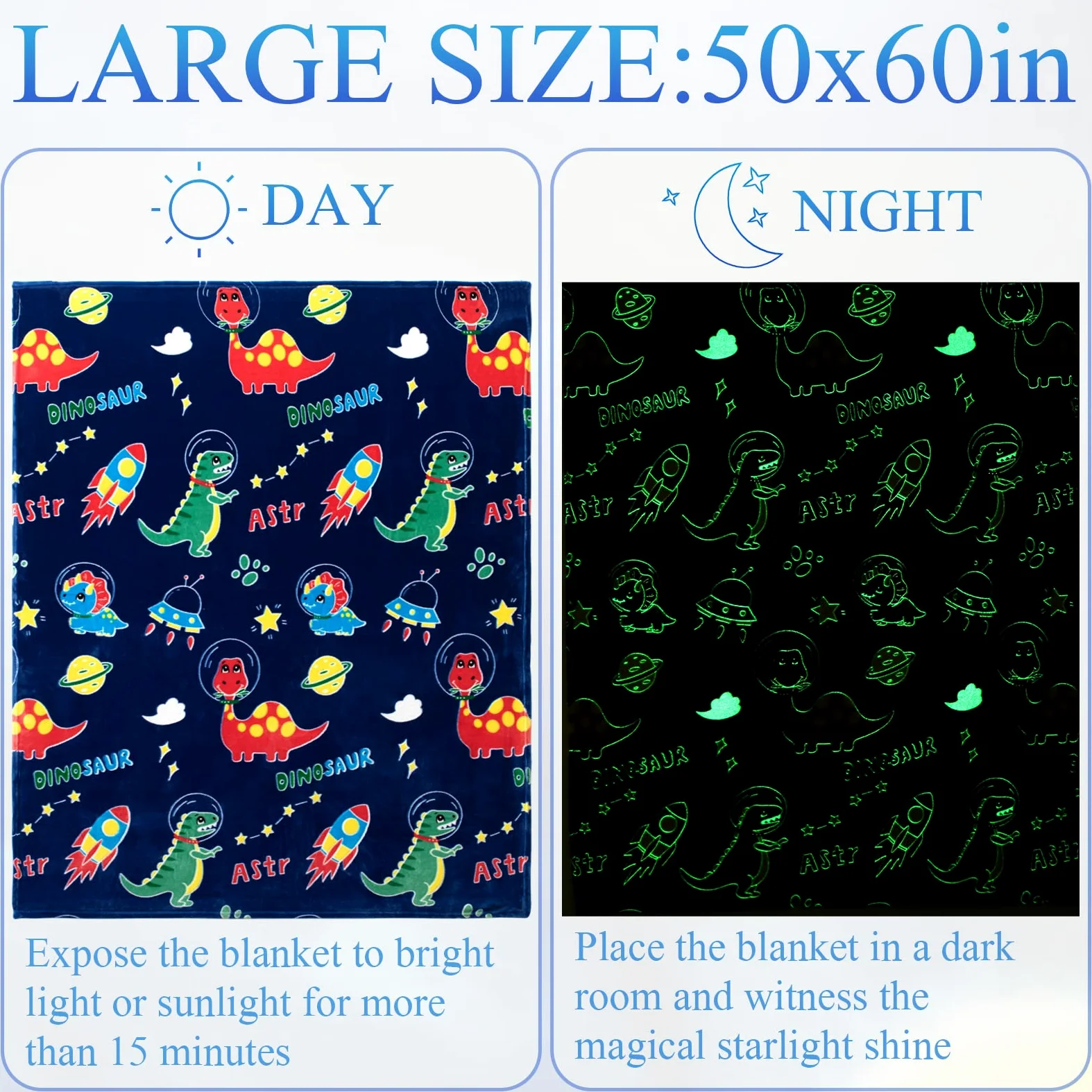 Glow In The Dark Przytulny Koc dla Dzieci, Prezent w Wieku 4-9 Lat, Dinozaury, Świeci w Ciemności, Miękki Koc Flanelowy (Dinozaur)