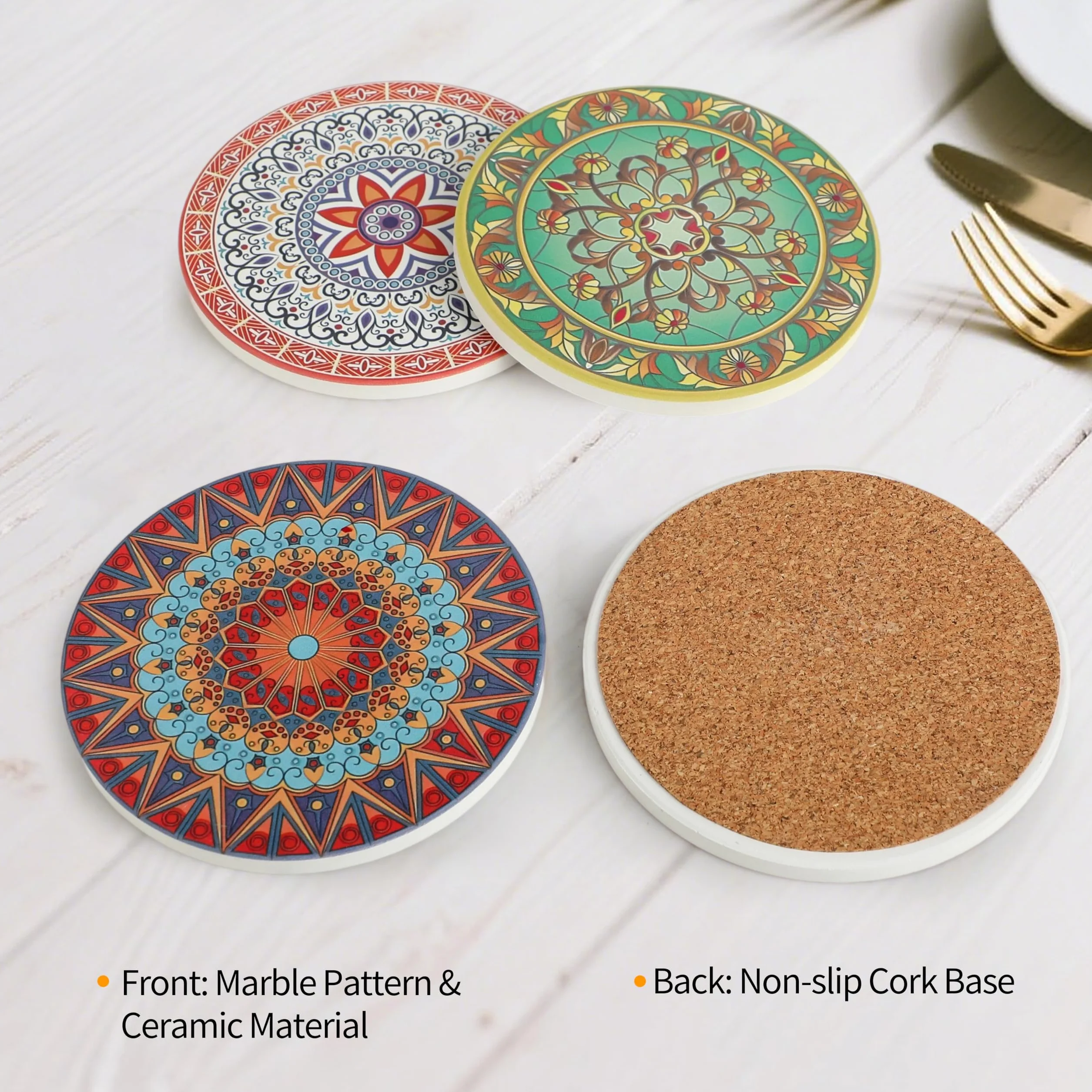 Podstawki pod napoje, z metalowym uchwytem, chłonne, ceramiczne, 10 cm, do wazonów, świec, prezent na parapetówkę, urodziny, do kuchni, salonu (8 - wzór mandali)