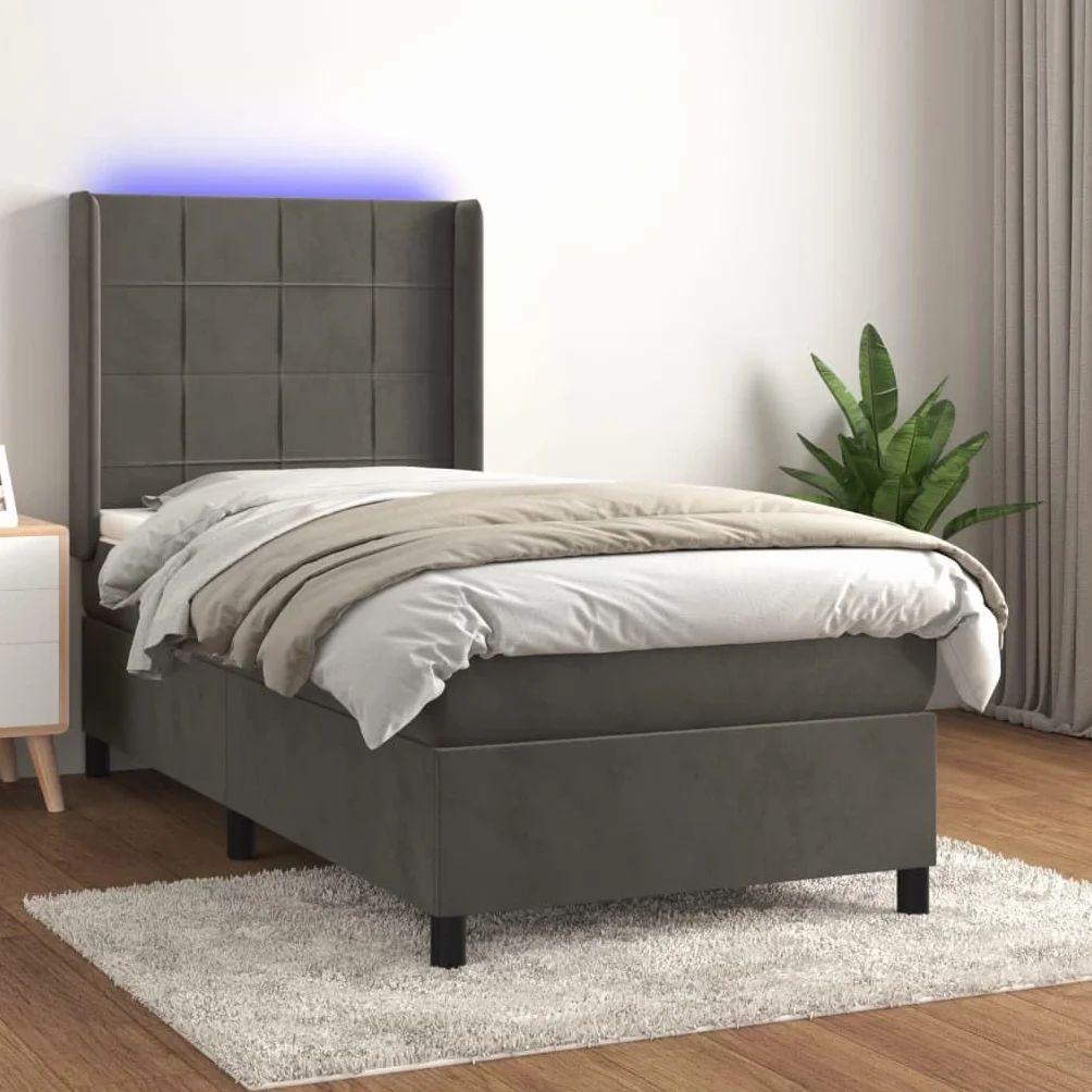 aksamitne LED regulowany zagłówek 100x200 cm szary | Łóżko kontynentalne szary aksamit 100x200cm z materacem sprężynowym i LED do sypialni