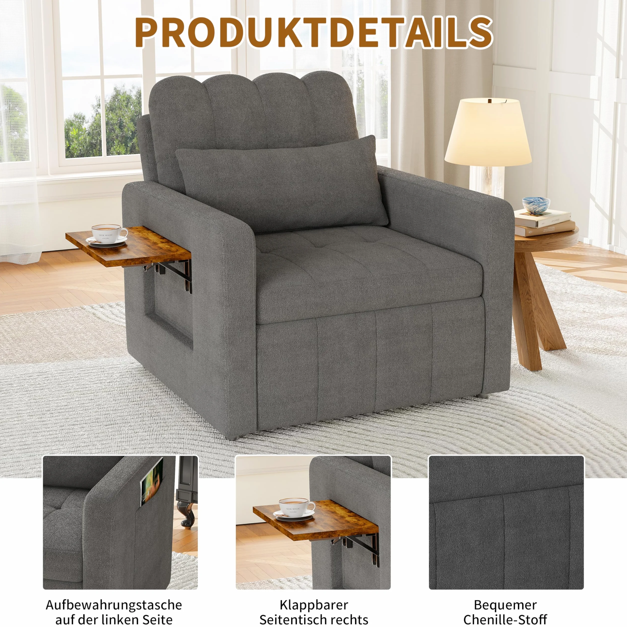 Mała sofa z funkcją spania 3 w 1, rozkładane łóżko 190 cm z kieszenią boczną, fotel do spania, fotel relaksacyjny, rozkładana sofa, taboret do spania z funkcją łóżka do 200 kg, szary materiał
