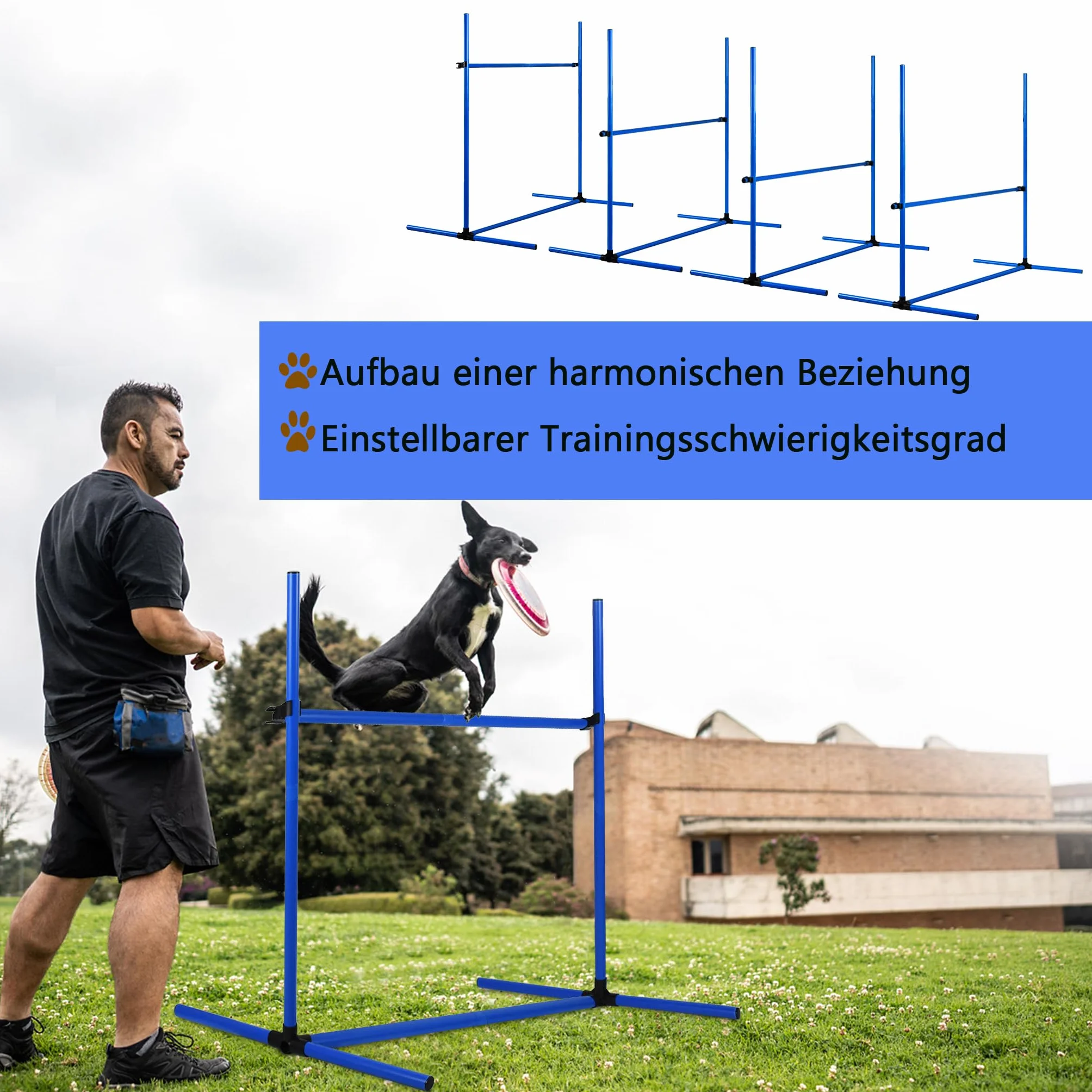 YUENFONG Agility zestaw płotków dla psów, drążki do treningu slalomu, 4 x zestaw płot, z regulacją wysokości, wyposażenie do uprawiania sportów psów, 104 x 70 x 101 cm, niebieski