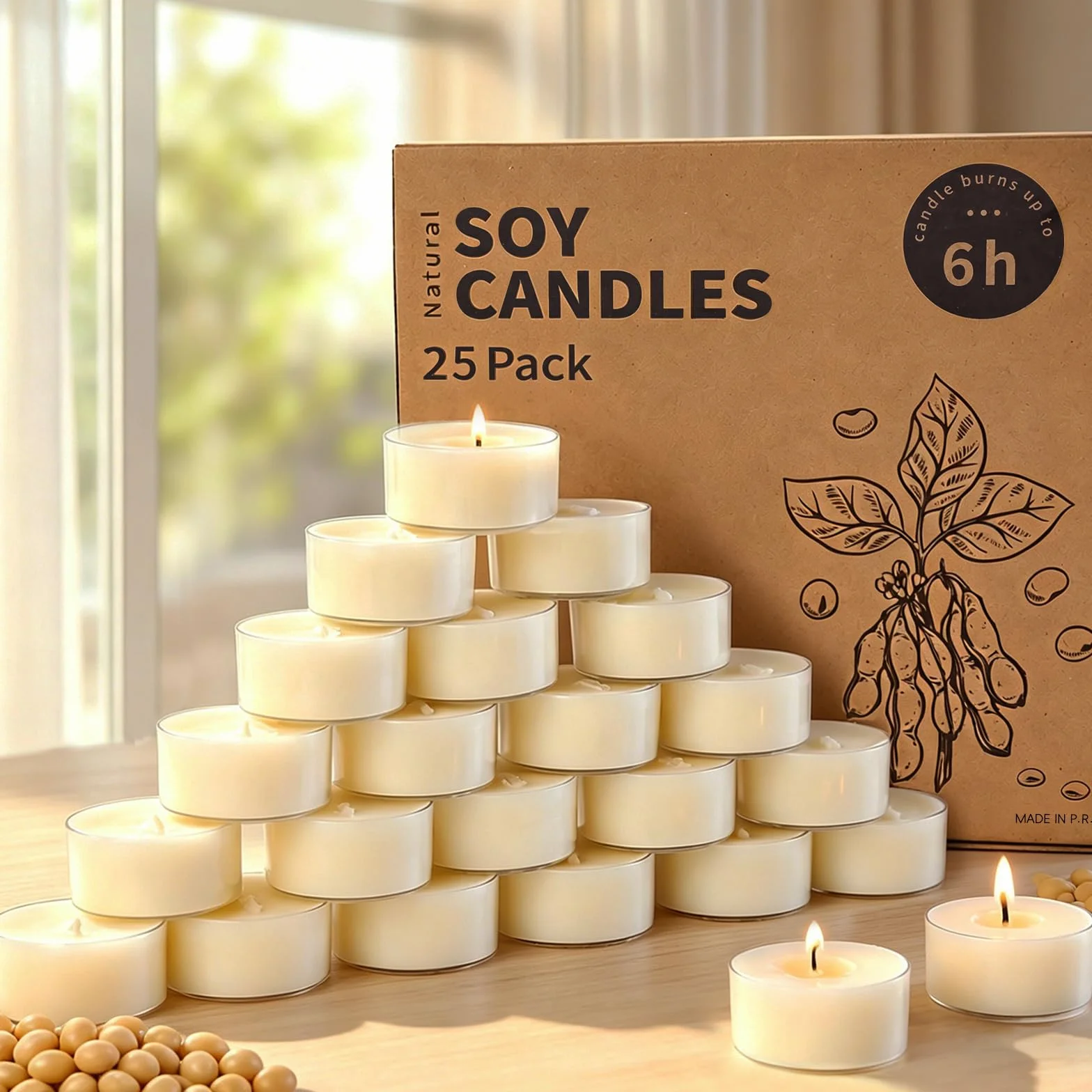 25 sztuk naturalnych, bezzapachowych świeczek typu tealight ze 100% wosku sojowego, czas palenia 6 godzin, bez parafiny, nietoksyczne, wegańskie, w przezroczystej filiżance