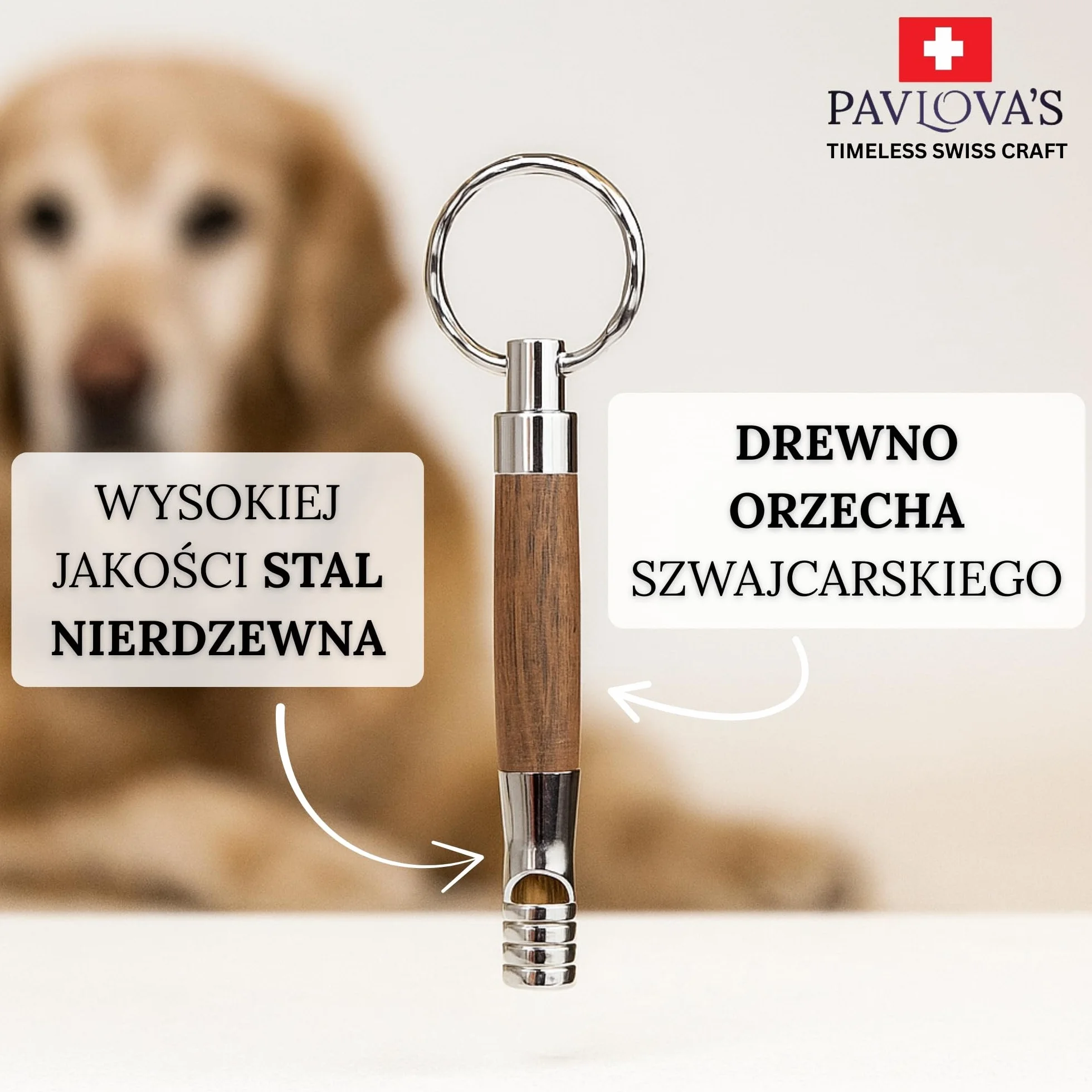 PAVLOVA'S Szwajcarski ręcznie robiony gwizdek dla psa z kluczykiem – orzech i stal nierdzewna – kompaktowe narzędzie treningowe do codziennego użytku z czystym tonem – pudełko upominkowe – 10-letnia