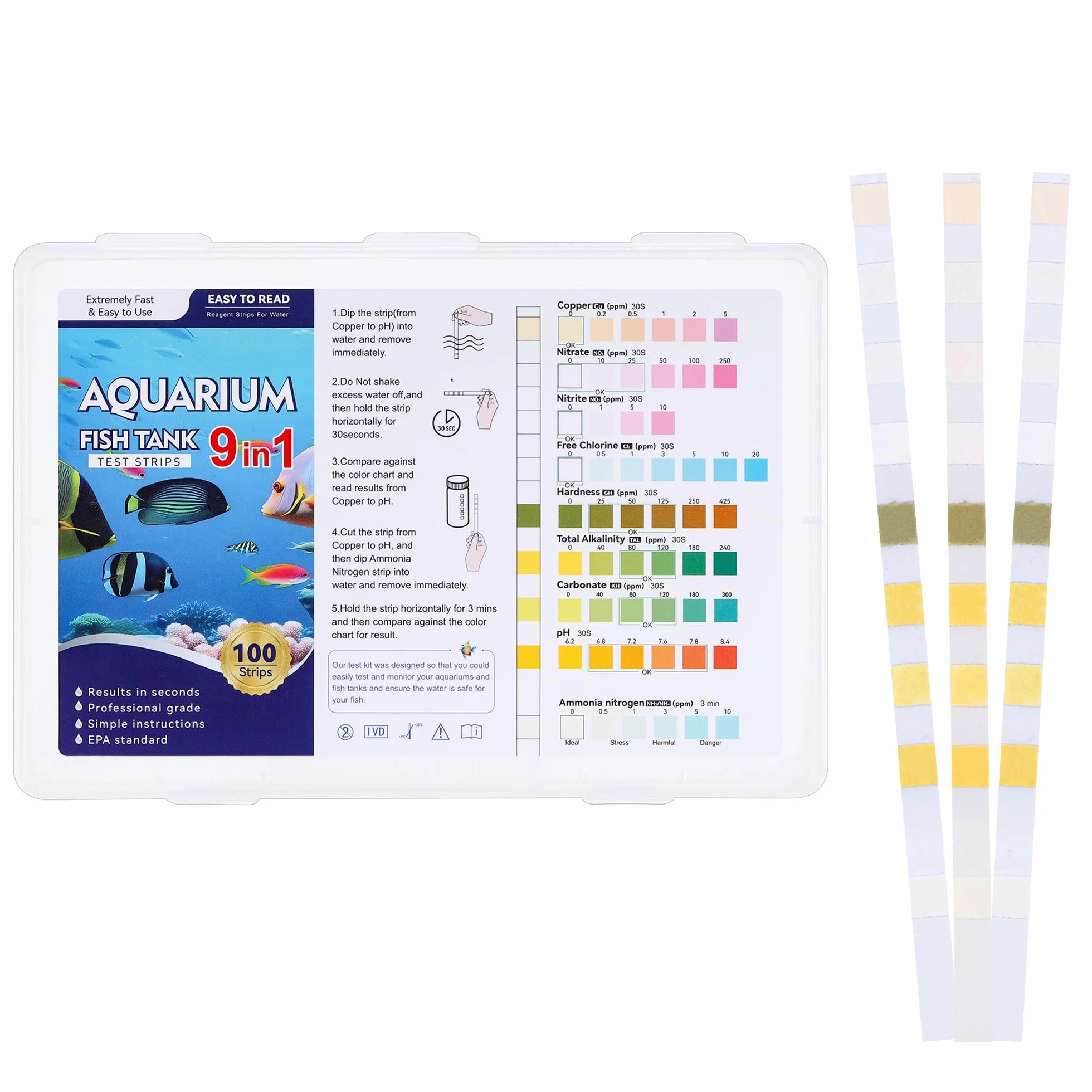 Paski testowe do akwarium 9 w 1 zestaw testów azotu amoniaku węglanu azotanów chloriny alkalicznych pH miedzi