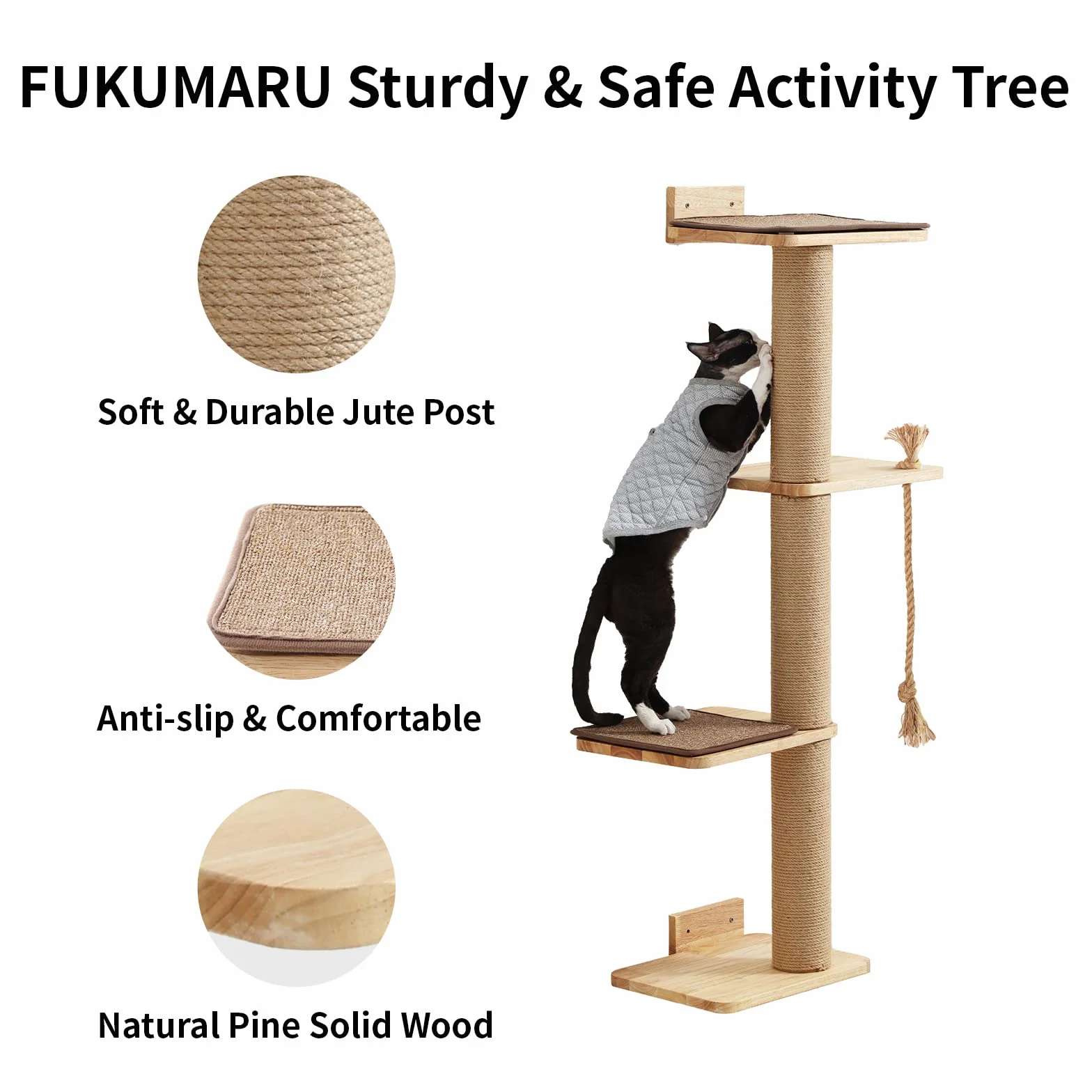 FUKUMARU Koci drapak ścienny z legowiskiem, 127 cm drzewko do wspinaczki dla kota, mata do drapania z liny sizalowej, drewno kauczukowe, drapak dla dużych kotów, meble dla kota na ścianę