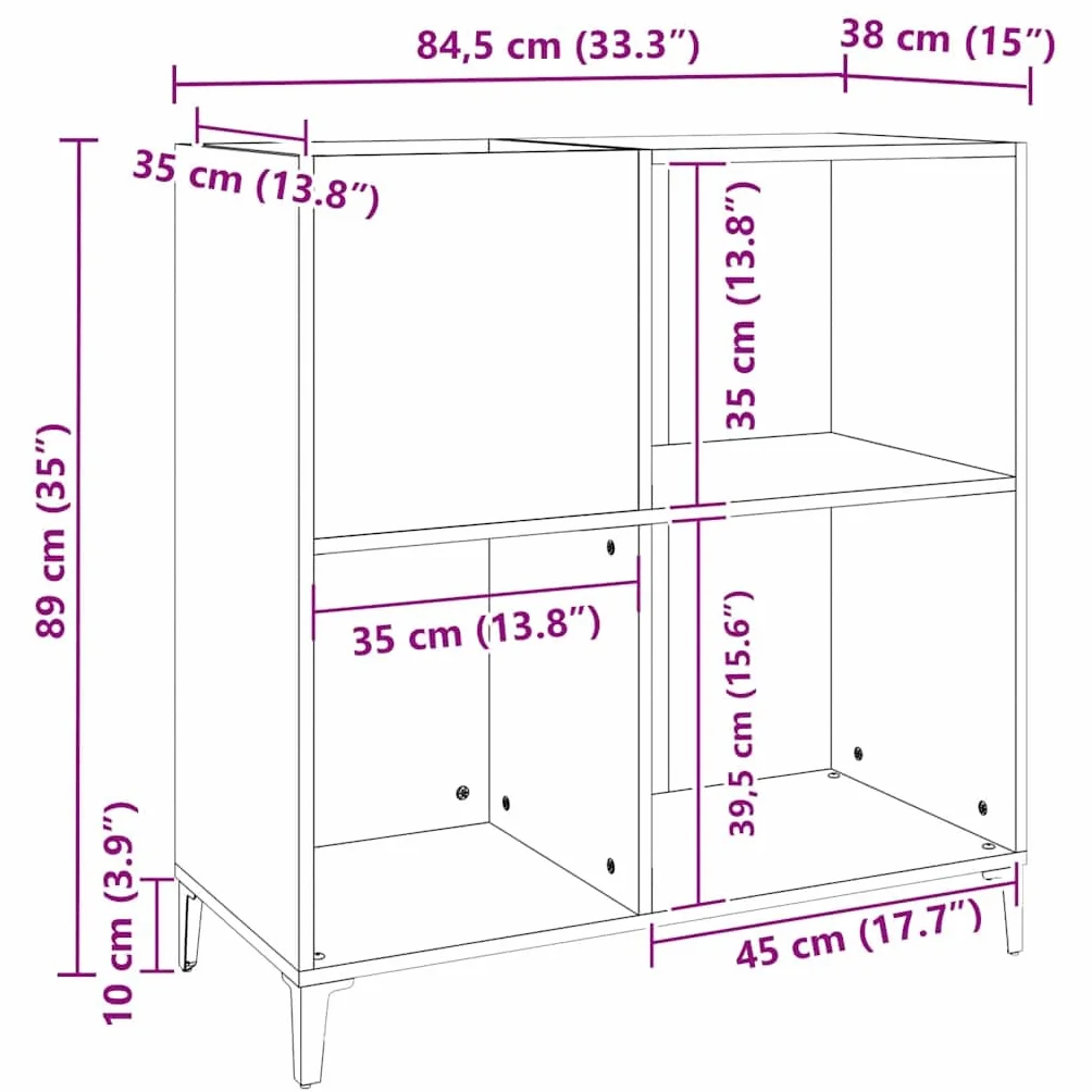 Szafka panelowa, dąb Sonoma, 84,5 x 38 x 89 cm, materiał drewnopochodny, regał na płyty winylowe ze stabilną górną płytą i metalowymi nogami do przechowywania LP