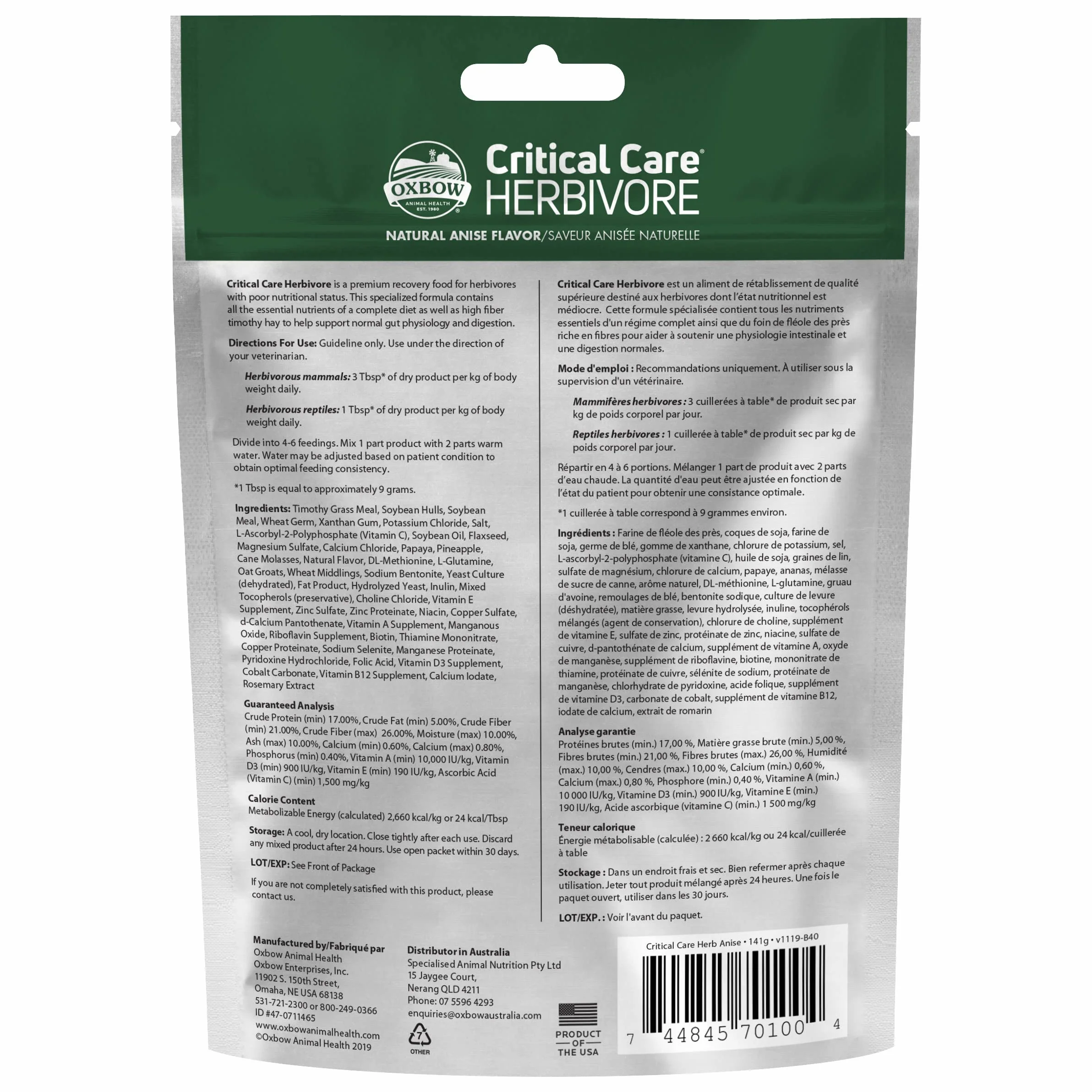 Oxbow Animal Health 70100 Critical Care, pflanzenfresser, Anisgeschmack, 141 g Beutel