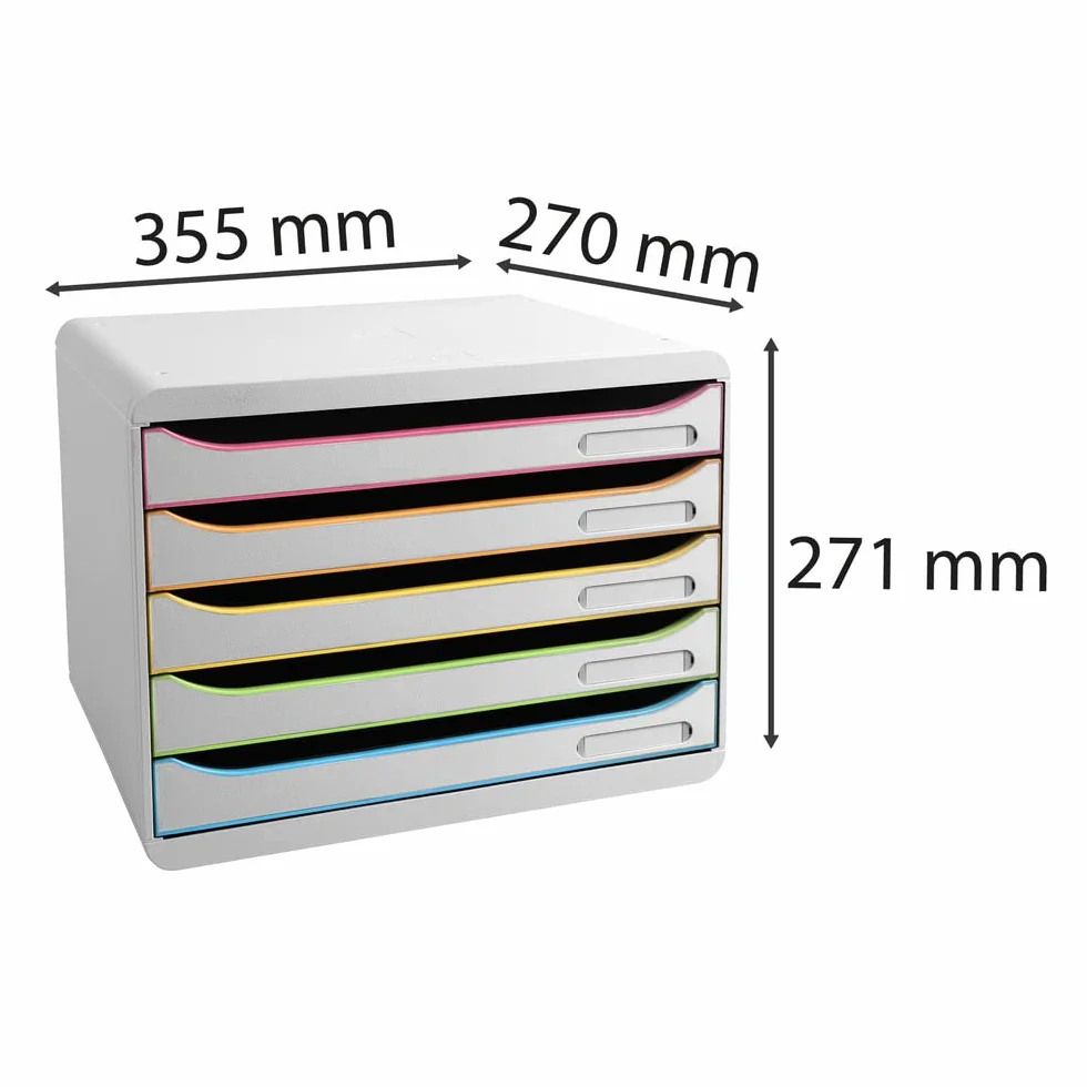 Exacompta 308913D Szafka na dokumenty BIG-BOX PLUS HORIZON, 5 szuflad na dokumenty A4+, wymiary zewnętrzne: 27 x 35,5 x 27,1 cm, 1 sztuka kolor biały/harlekin/biały