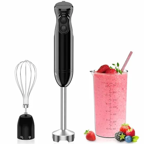 Bonsenkitchen Elektryczny blender ręczny 3 w 1, 1000 W, z miarką i trzepaczką, bezstopniowa regulacja prędkości do koktajli mlecznych, puree, sosów, HB3202 (czarny)