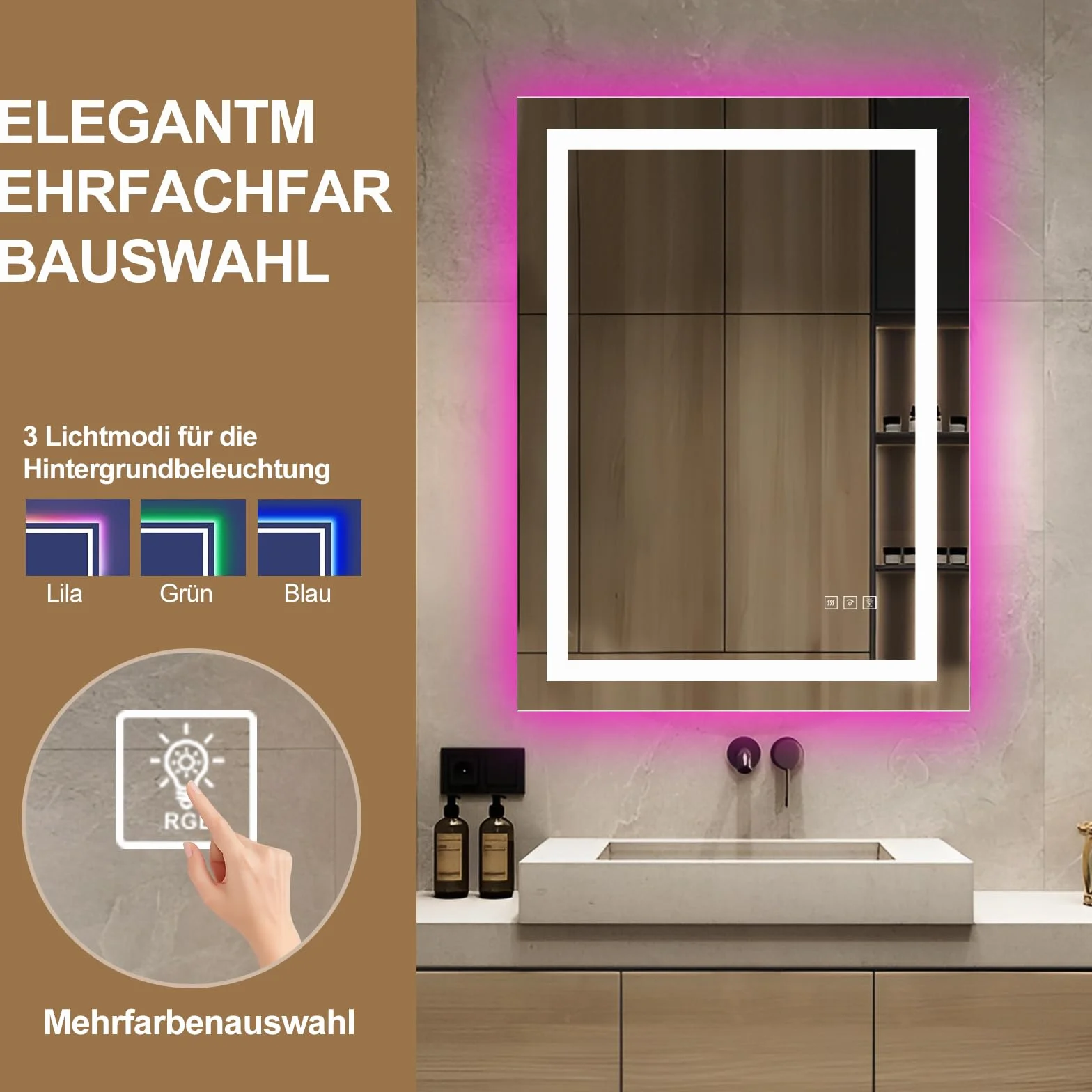 Lustro łazienkowe z oświetleniem, RGB LED, ochrona przed zaparowaniem, lustro ścienne ze światłem, inteligentne lustro, lustro łazienkowe, zmiana kolorów