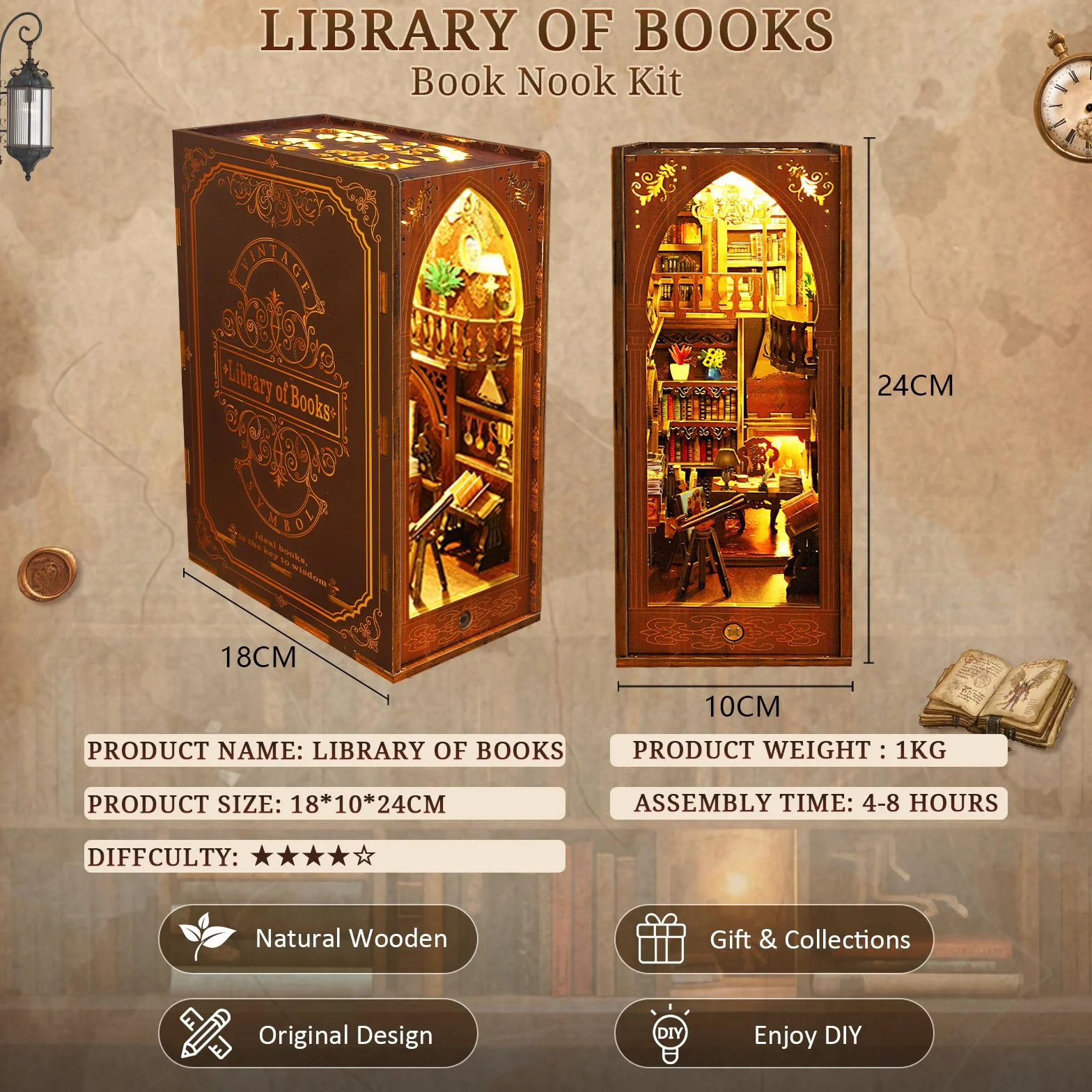 Zestaw DIY Book Nook dla lalek, podpórka do książek z oświetleniem LED, miniaturowy domek dla lalek, puzzle 3D drewniane podpórki do książek (biblioteka książek)