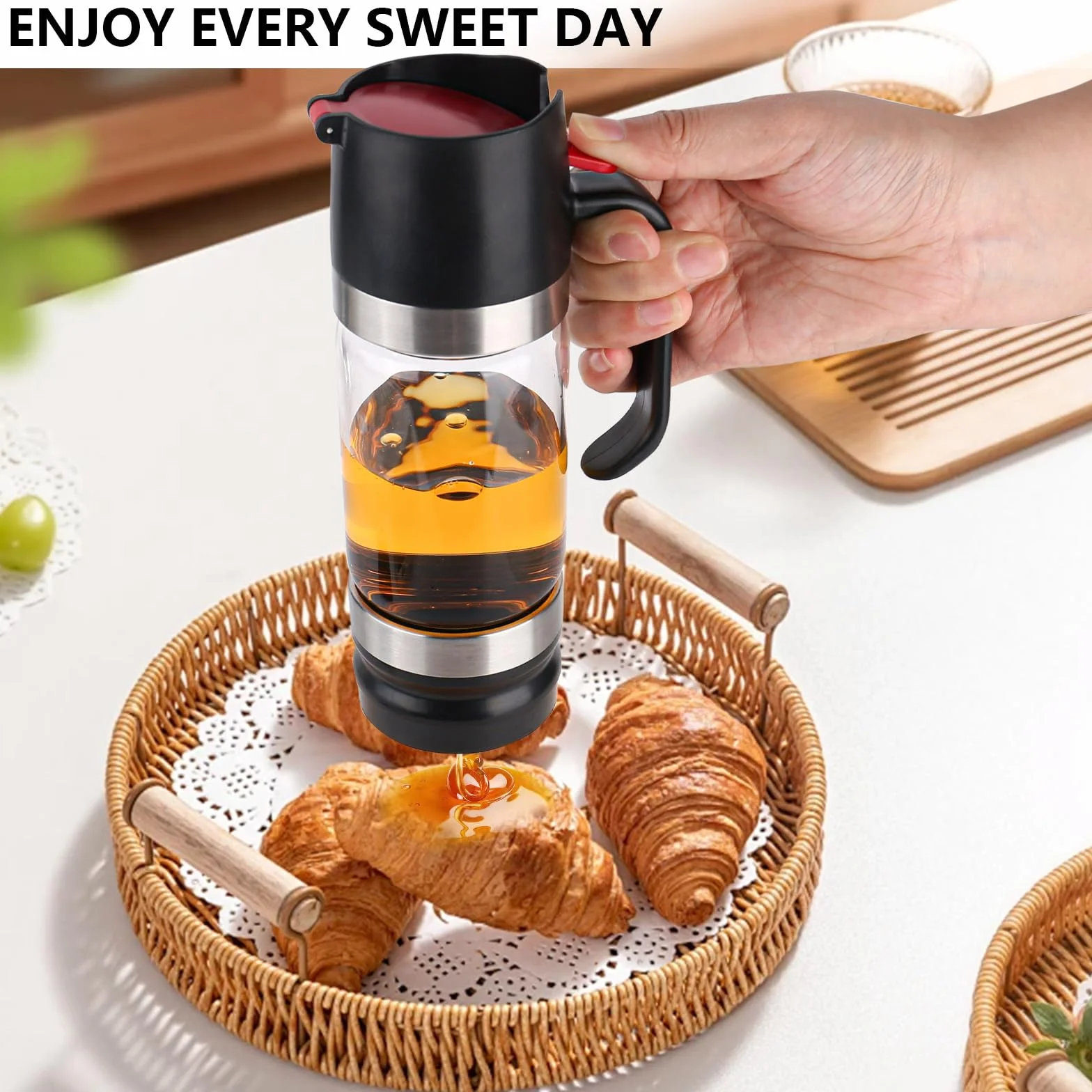 Dozownik miodu ze szkła zapobiegającego kapaniu, dozownik na miód z pompką, dozownik na miód 300 ml, uchwyt na miód (czarny)