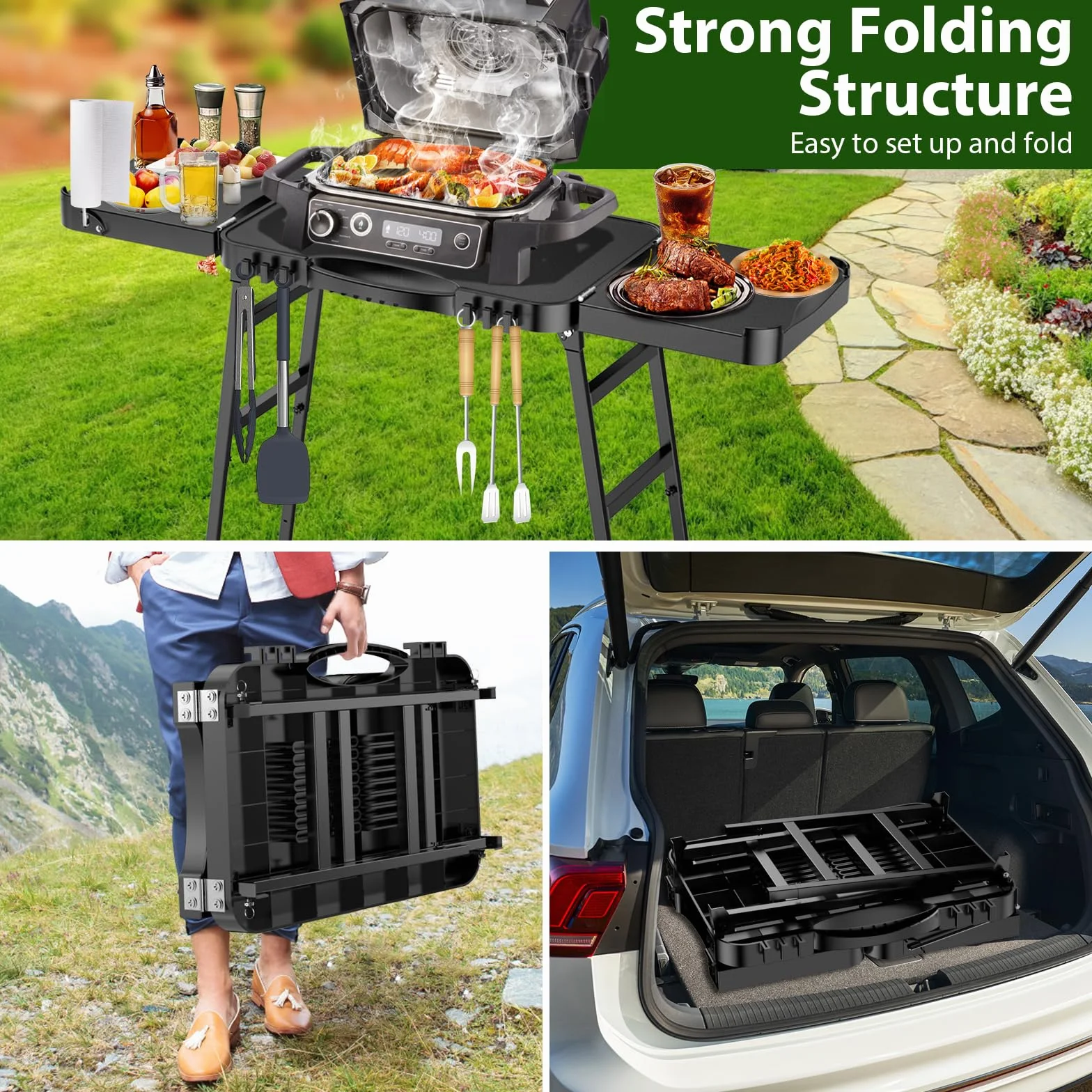 GFTIME Uniwersalny przenośny grill na kółkach Enders Urban, Weber Q100/Q200/Q300, Ninja Woodfire, Burnhard Wayne – składany stojak do grilla na świeżym powietrzu z dużą powierzchnią roboczą i nóżkami