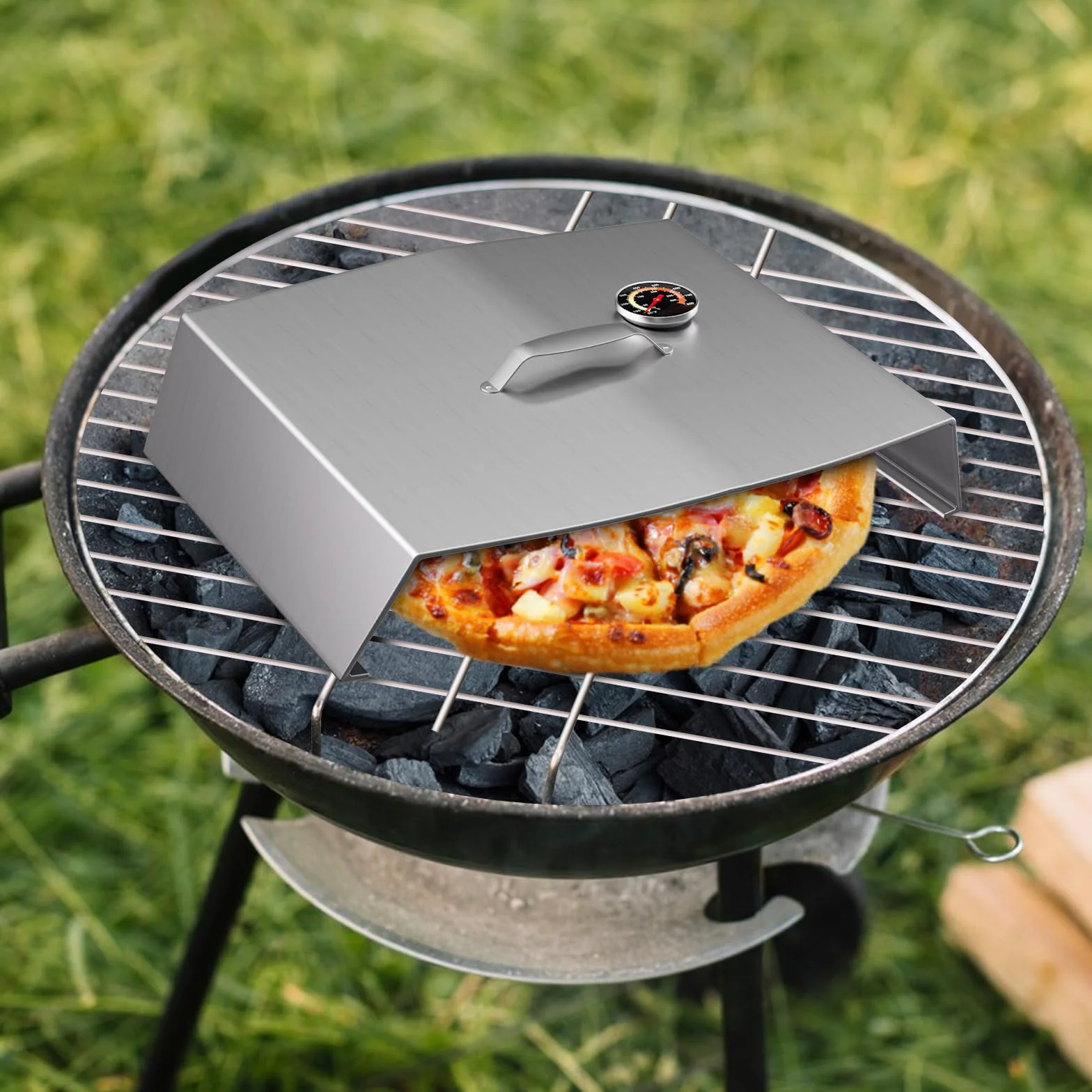 BBQ nakładka na pizzę, pokrywa ze stali nierdzewnej z termometrem, nakładka na grilla do pizzy, stal nierdzewna, kolor srebrny, 47 x 37 cm