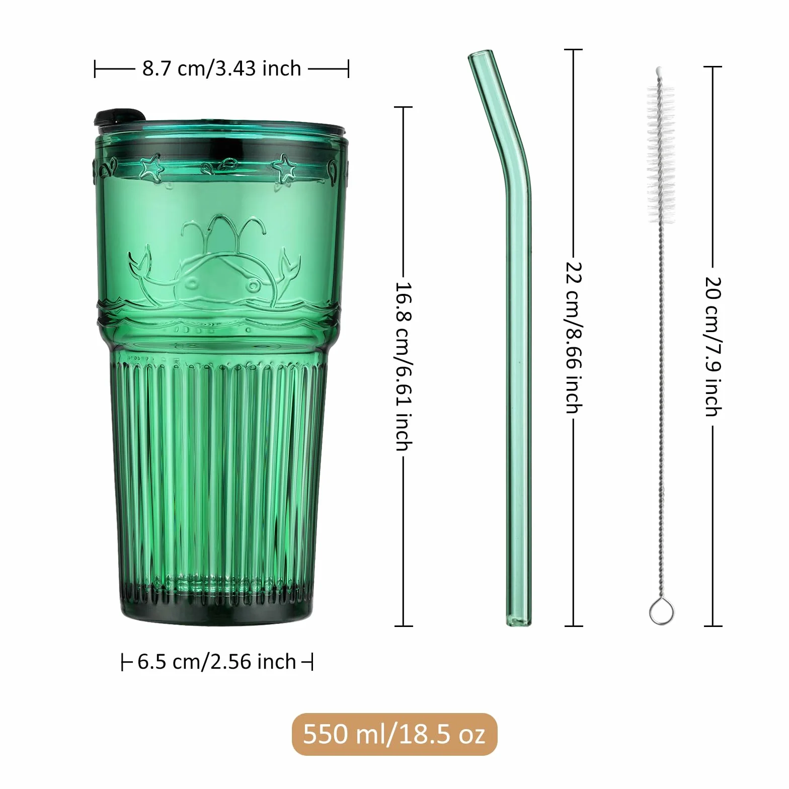 Joeyan 550 ml zielony szklany kubek ze słomką i pokrywką, zestaw 2 żebrowanych szklanych słoików do jazdy z wytłoczonym wzorem wieloryba, szklane szklanki do wody ze słomką do smoothie, lodowej kawy,