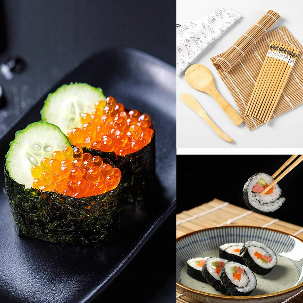 Kompletny Zestaw do Sushi - 10 Bambusowych Elementów, 2 Maty, Łyżka do Ryżu, Nóż, 5 Par Pałeczek, Woreczek z Tkaniny - DIY