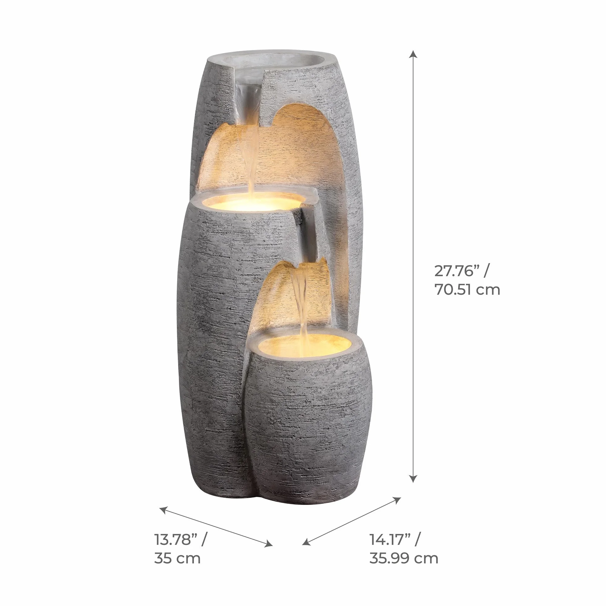 Teamson Home Nowoczesna 3-stopniowa kaskadowa fontanna z diodami LED, regulowany przepływ, szare wykończenie o wyglądzie kamienia | Diody LED, regulowany przepływ, szare wykończenie imitujące kamień
