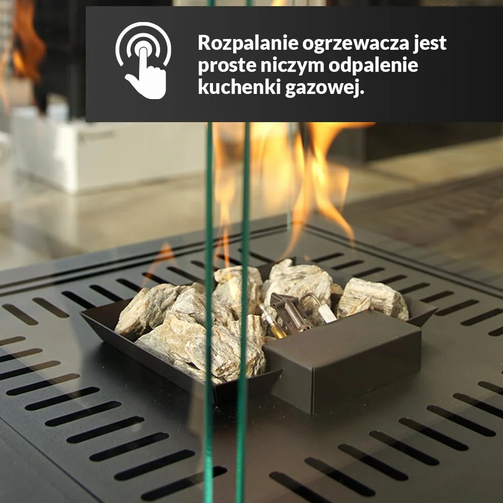 KRATKI tarasowy ogrzewacz gazowy Patio Light czarny 8,2 kW - Propan-Butan G30/37mbar - wydajny ogrzewacz zewnętrzny - łatwe sterowanie - kominek ogrodowy - zestaw z wężem i reduktorem