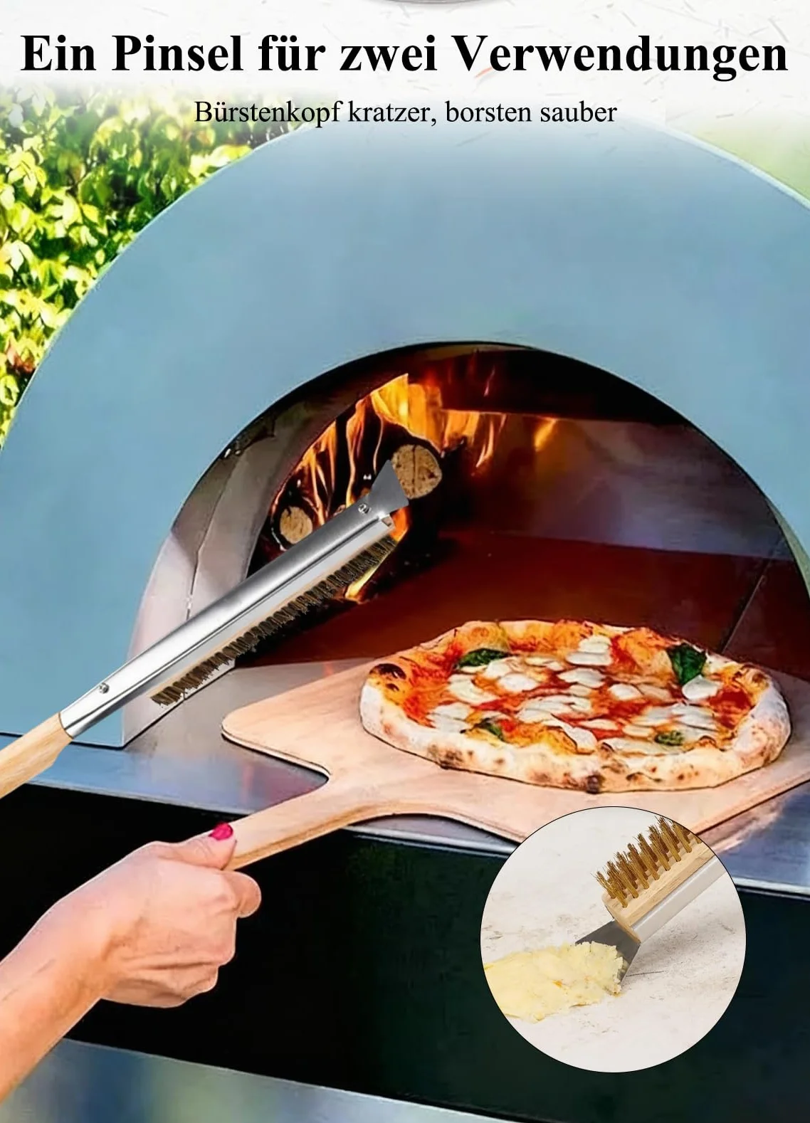 Szczotka do pieca do pizzy, szczotka do pizzy ze skrobakiem, szczotka do grilla z drewnianym uchwytem, długa rączka, szczotka do czyszczenia pieca do pizzy i kamienia do pizzy