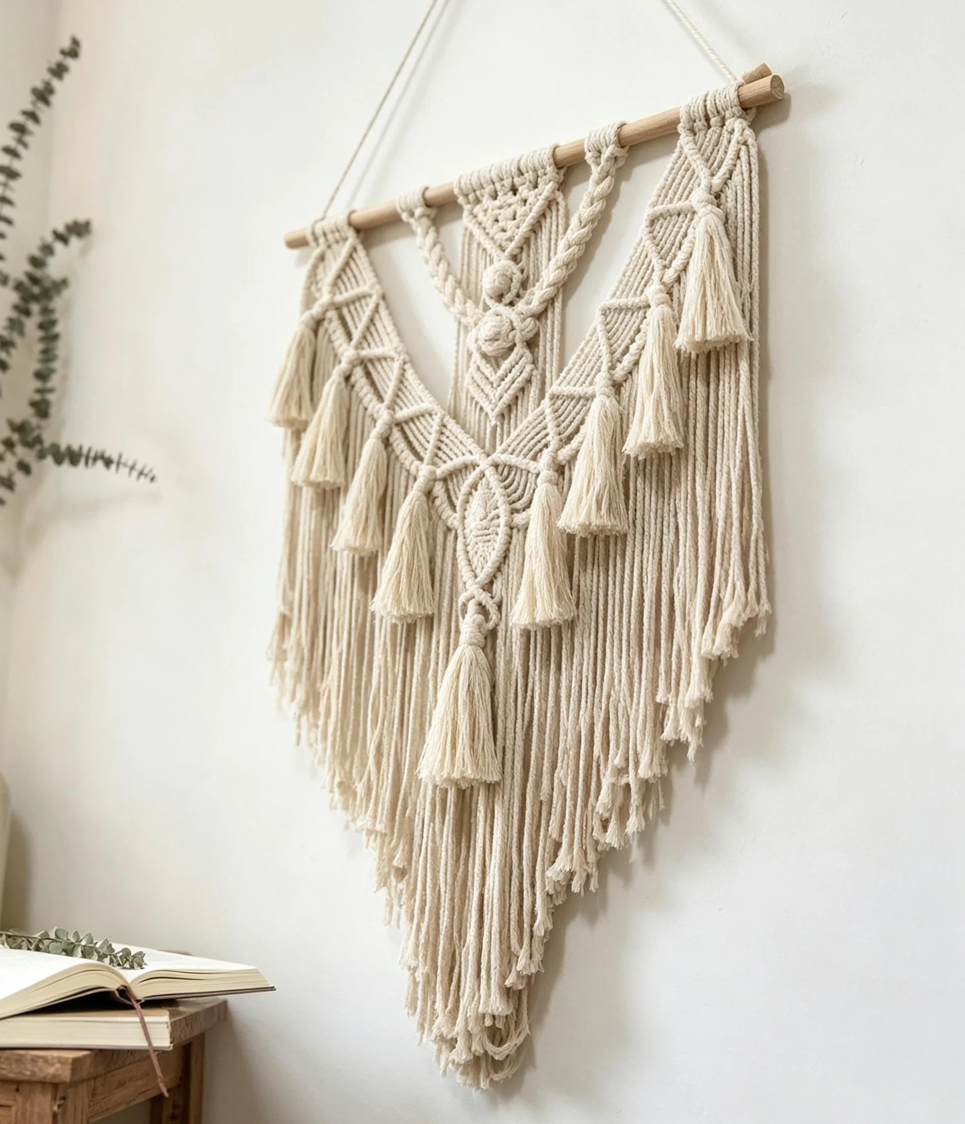 Umllpet Makrama, dekoracja ścienna w stylu boho, 70 x 40 cm, ręcznie tkany dywan ścienny z bawełny z frędzlami i drewnianym kijem, gobelin w stylu boho, do salonu, sypialni, na balkon, dekoracja