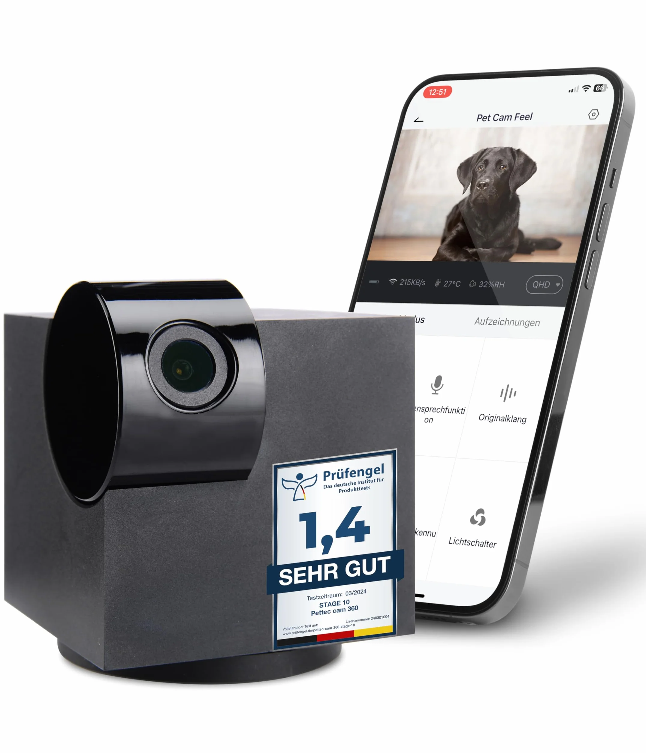 PetTec Cam 360° Dog Camera z aplikacją, WiFi, funkcją głosową i noktowizją do domu - Pet Security Camera Full HD - Kamera dla zwierząt domowych dla psów i kotów, kamera dla zwierząt domowych