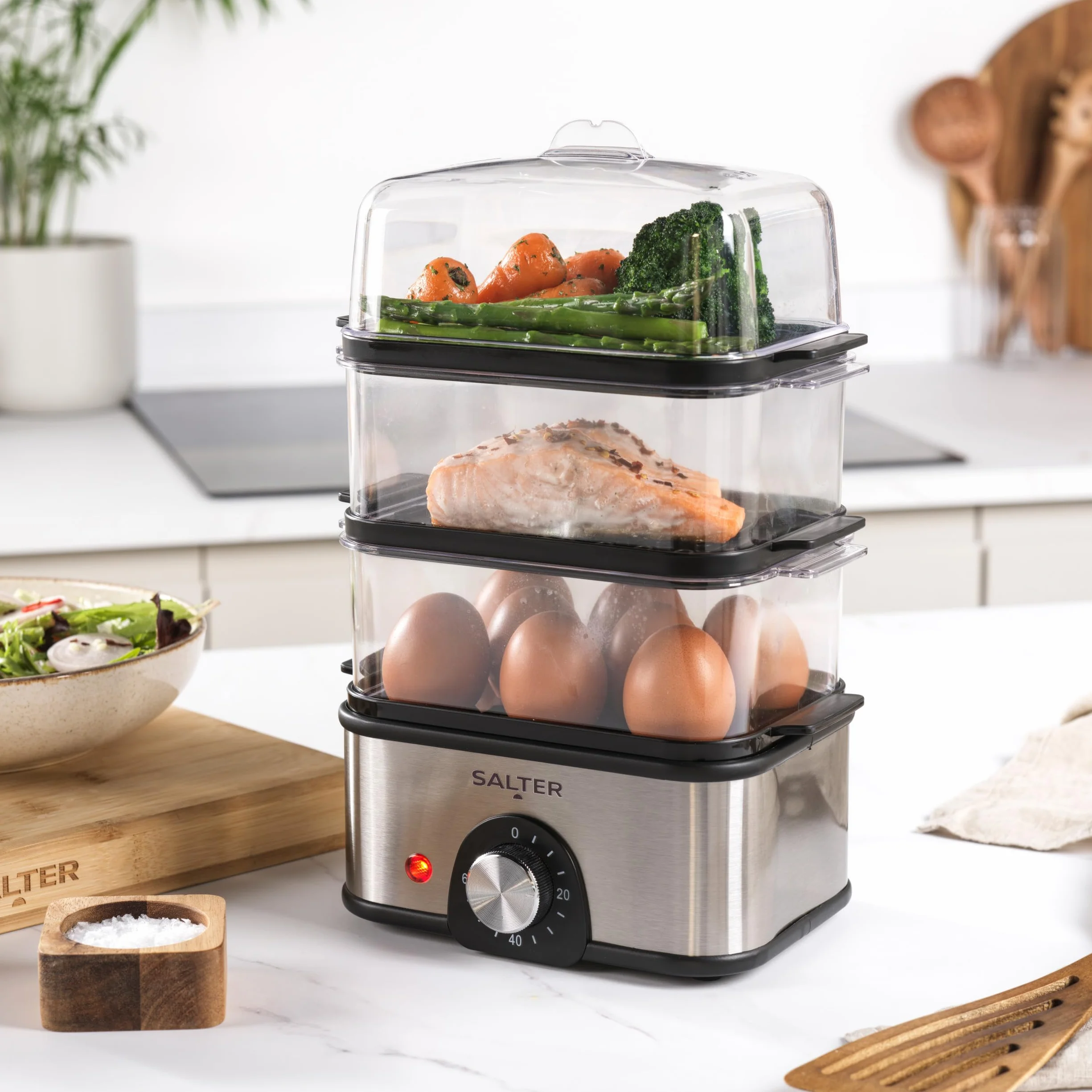 Parowar 3-poziomowy Salter – kompaktowy multicooker, 3 kosze do gotowania na parze, elektryczny jajowar, pojemność na 8 jajek, timer do 60 minut, pojemność 3L, moc 500W