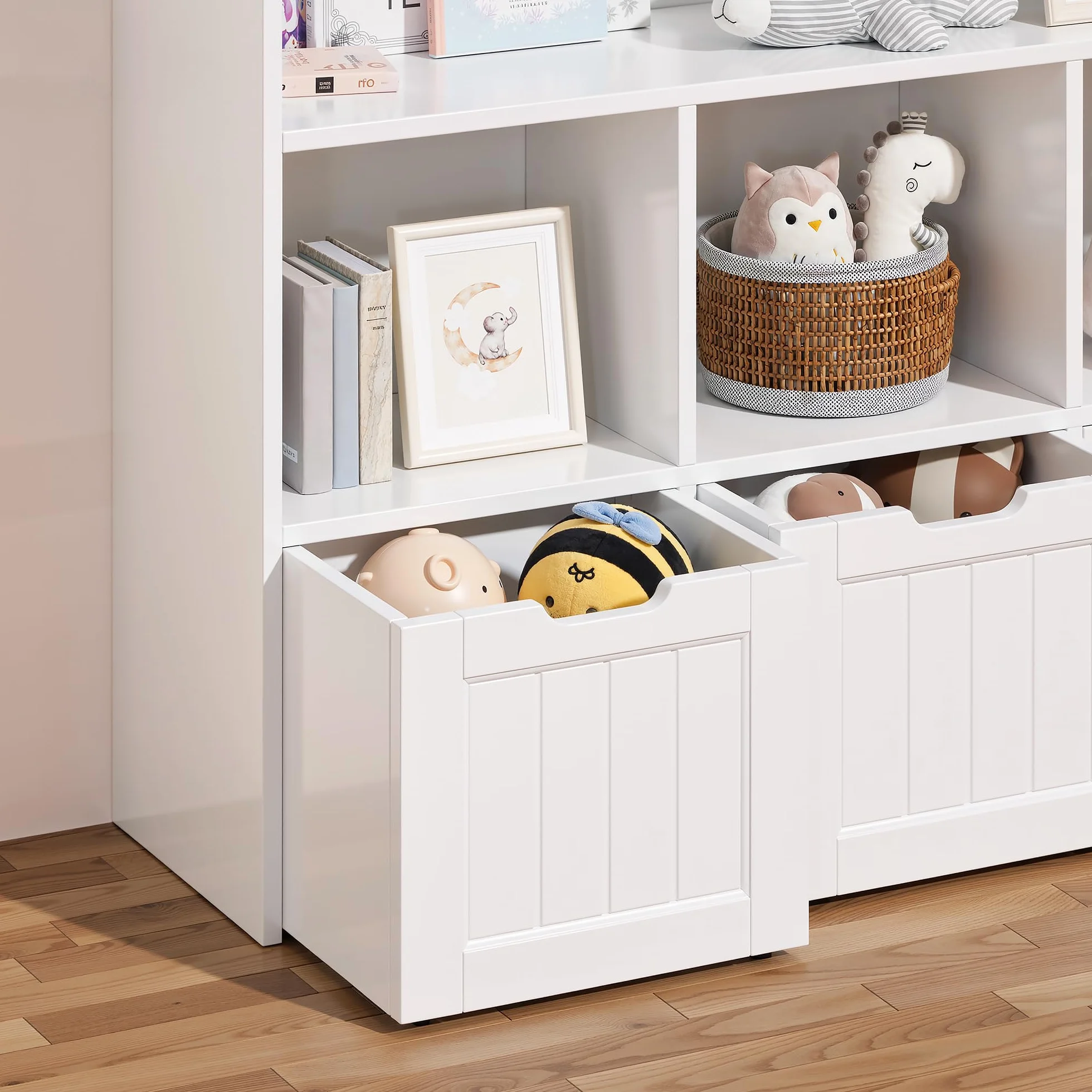 Xbro Półka na Przedmioty dla Dzieci z 3 Szufladami na Kółkach i 5 Półkami Otwartymi, Regał na Książki i Zabawki, MDF, 100x30x91 cm, Biały