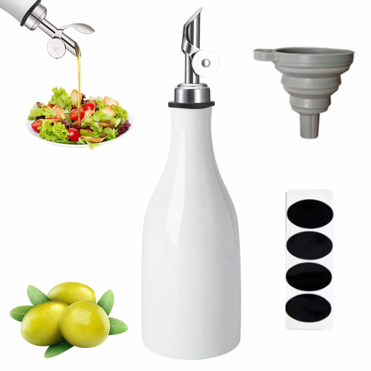 300 ml ceramiczna butelka na oliwę z oliwek, dozownik oliwy z oliwek, butelka na olej i ocet, zestaw z etykietką, lejek do przechowywania oleju, octu (biała)