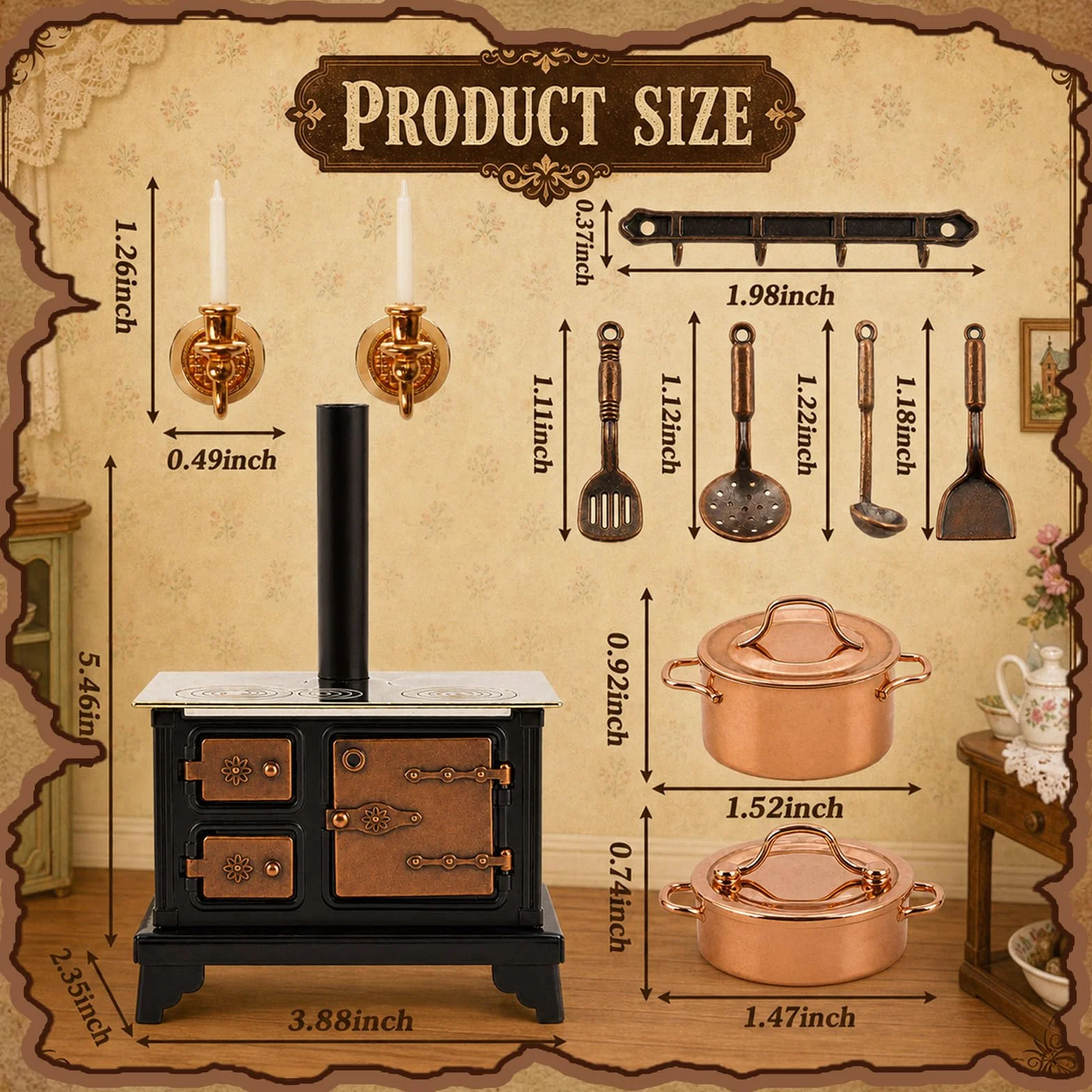 10 sztuk miniaturowych mebli kuchenka do gotowania mini retro metalowy piec z miniaturowym świecznikiem ściennym mini garnki, mini łyżka, łopatka, naczynia kuchenne, narzędzia do dekoracji kuchni w