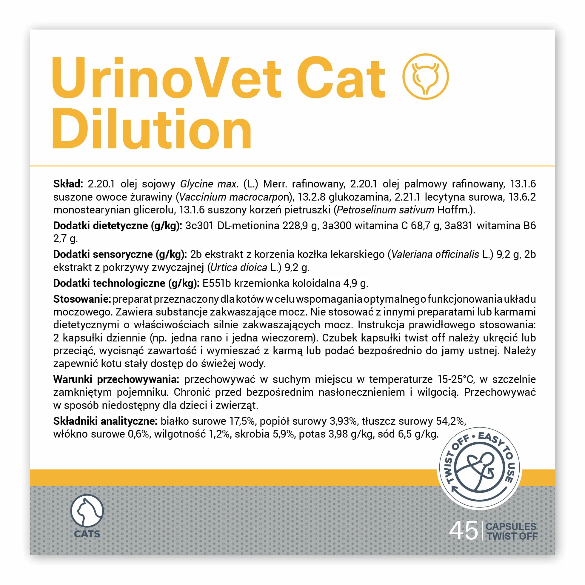 VETEXPERT Urinovet Dilution Cat 45 kapsułek Preparat dla kotów przeznaczony do wspomagania prawidłowego funkcjonowania układu moczowego