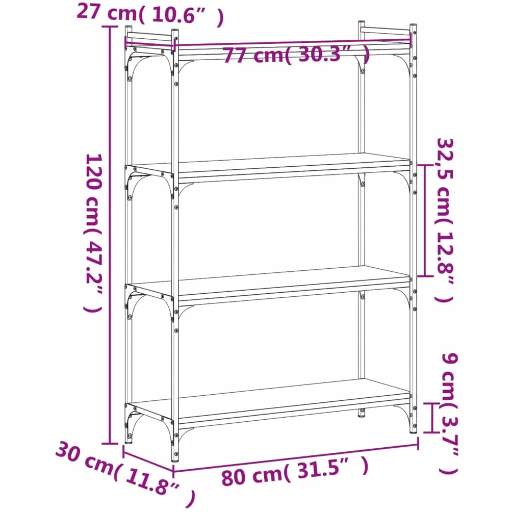 Homgoday Regał na książki, 4 półki, stojący, biurowy, magazynowy, do przechowywania, regulowane nogi, do salonu, gabinetu, biura, szary, Sonoma, 80 x 30 x 120 cm, materiał drewnopochodny