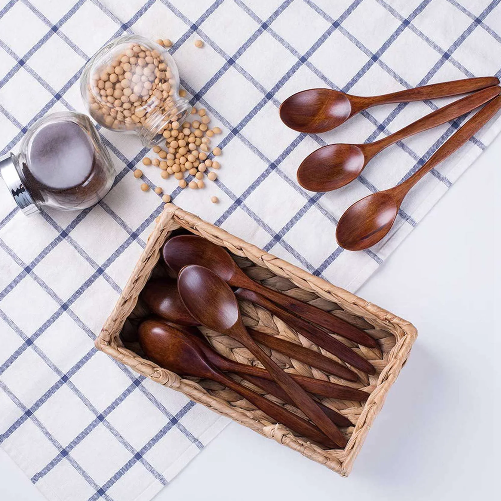 Drewniane łyżki do zupy, 100 sztuk, długie trzonki, naturalne drewno, do mieszania, gotowania - 7,3