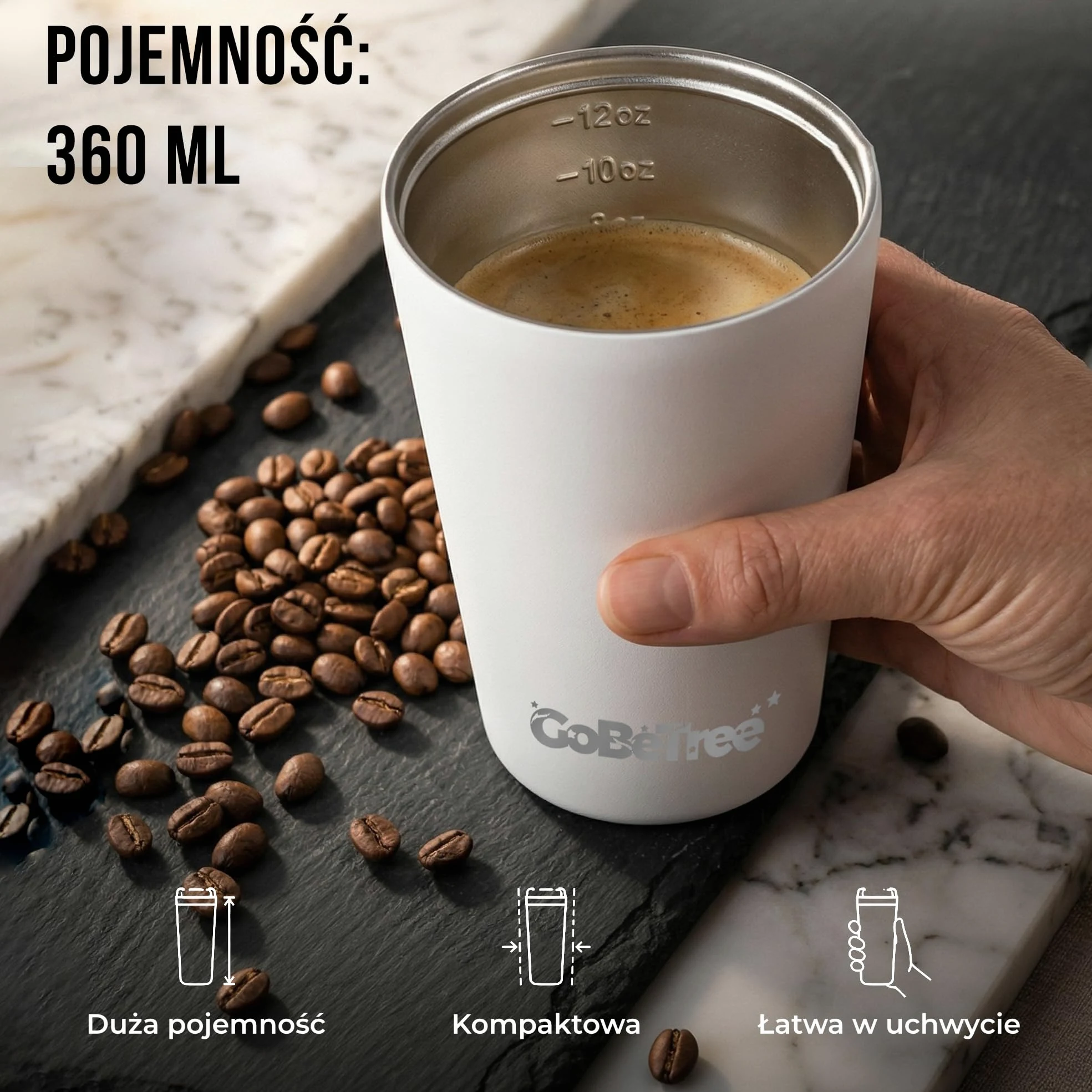GoBeTree Kubek Termos do Kawy 360 ml (12 oz) Stal Nierdzewna QUARTZ. tumbler z hermetyczną pokrywą 100% szczelną i szerokim otworem do biura, samochodu, podróży, siłowni i kawy na wynos