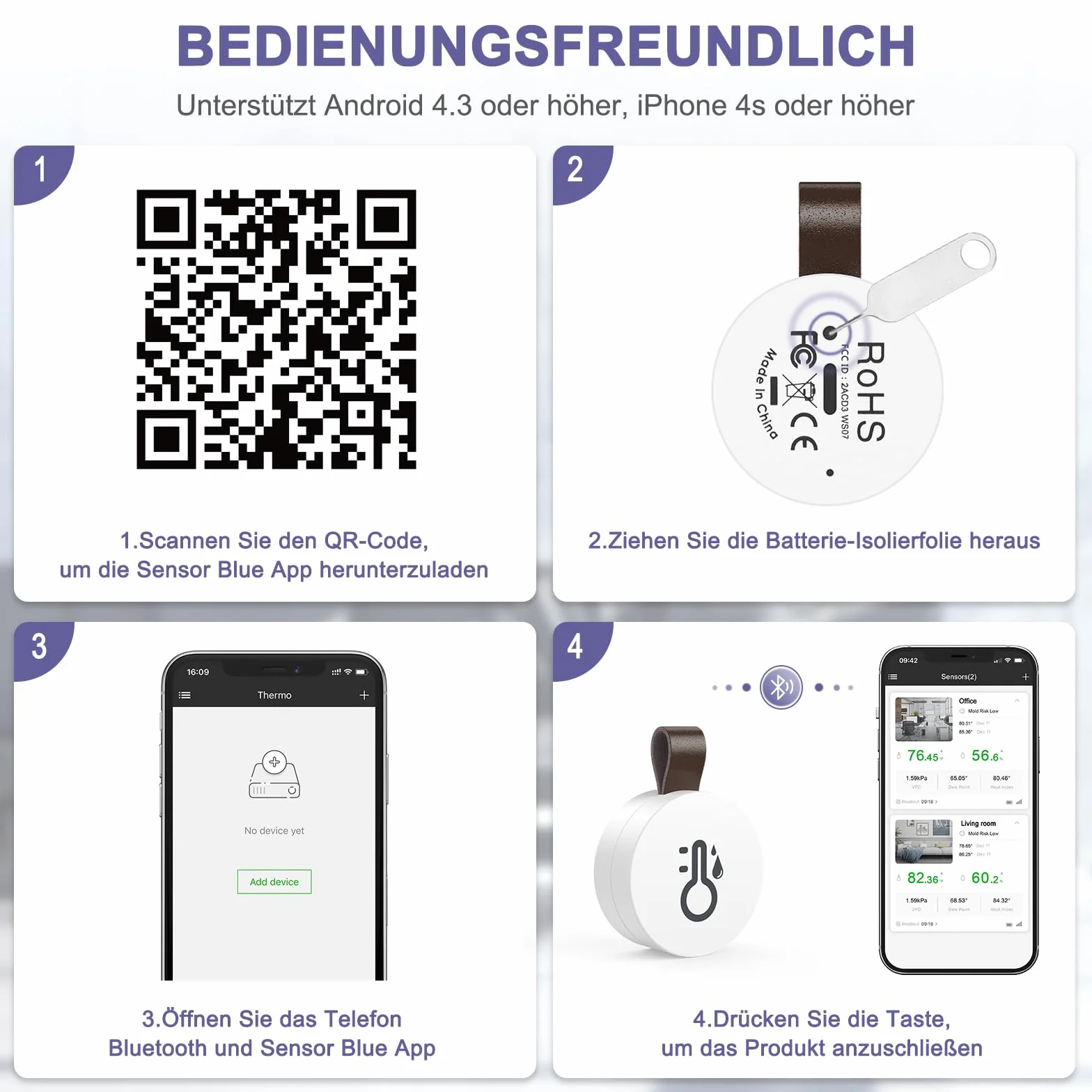 Termometr Bluetooth Higrometr, miernik temperatury i wilgotności powietrza z aplikacją i przechowywaniem danych, cyfrowy czujnik temperatury i wilgotności do domu, szklarni, piwnicy na wino, 1