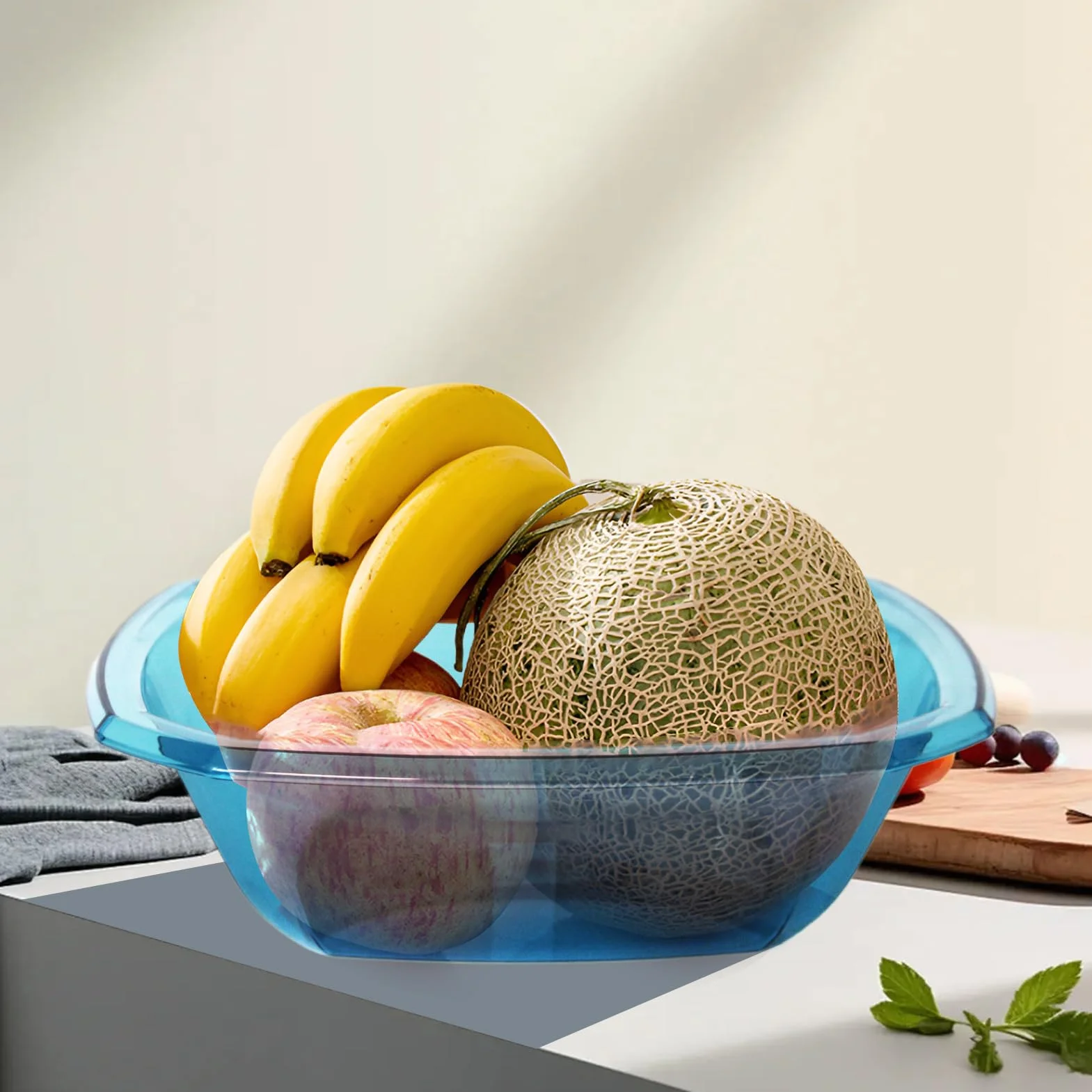 Jauhmui 3 sztuki kwadratowych misek na owoce, z grubego plastiku, do kuchni, dekoracji, przechowywania warzyw, owoców i przekąsek (niebieskie, 34,5 x 34,5 x 10 cm)
