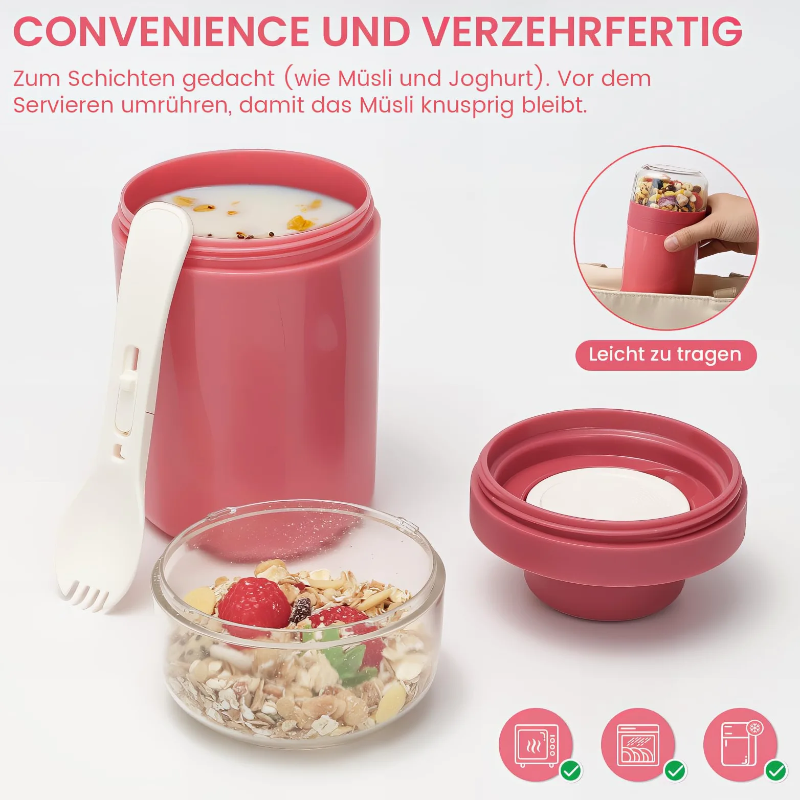 Bugucat Kubek na musli to Go 520 ml + 250 ml, praktyczny kubek na jogurt z łyżeczką, szczelny, z pudełkiem na sosy, pudełko na musli, pudełko na lunch dla dzieci i dorosłych, różowy