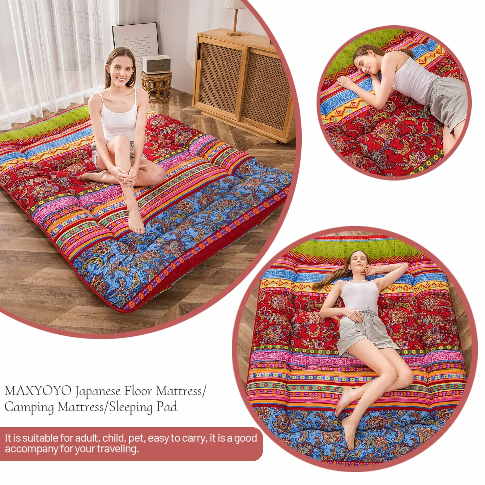 MAXYOYO Bohema retro materac podłogowy vintage kwiatowy japoński futon materac zwijany pogrubiony łóżko do spania przenośny materac kempingowy leżak podłogowy kanapa łóżko materac podkładka (boho C