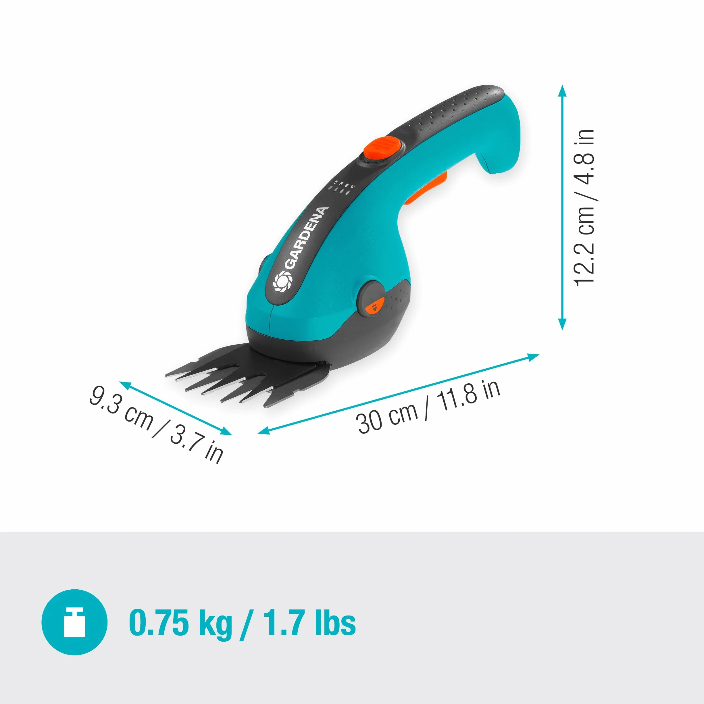 Gardena akumulatorowe nożyce do trawy ClassicCut Li: Nożyce do krawędzi trawników z szerokością cięcia 8 cm, komfortowy uchwyt ze wskaźnikiem naładowania LED, zmiana noży bez narzędzi (9884-20)