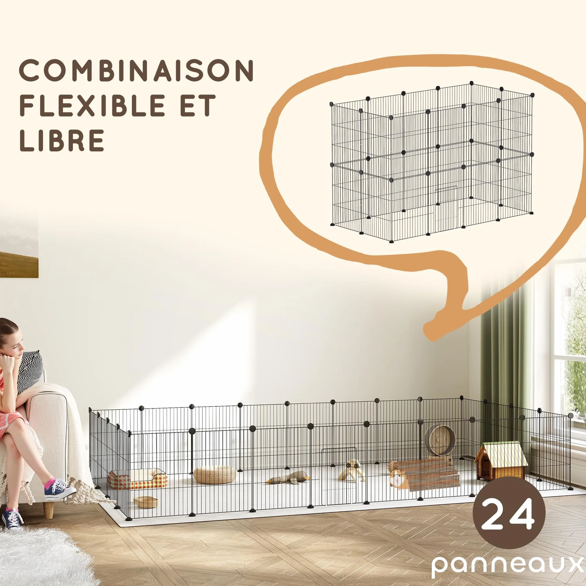 PawHut Obudowa dla zwierząt 24 panele stalowa kratka 120 x 60 x 80 cm czarna