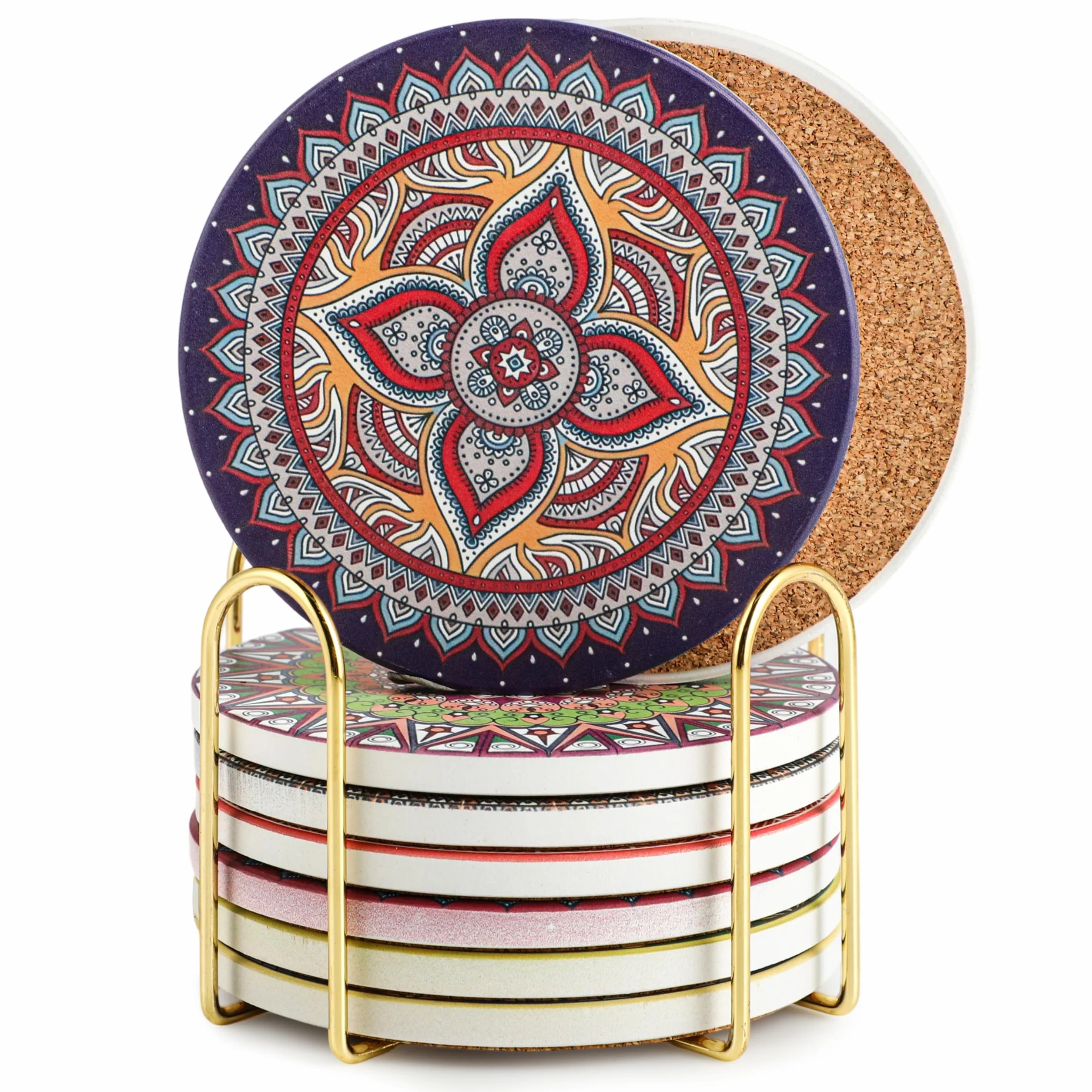 Podstawki pod napoje, z metalowym uchwytem, chłonne, ceramiczne, 10 cm, do wazonów, świec, prezent na parapetówkę, urodziny, do kuchni, salonu (8 - wzór mandali)