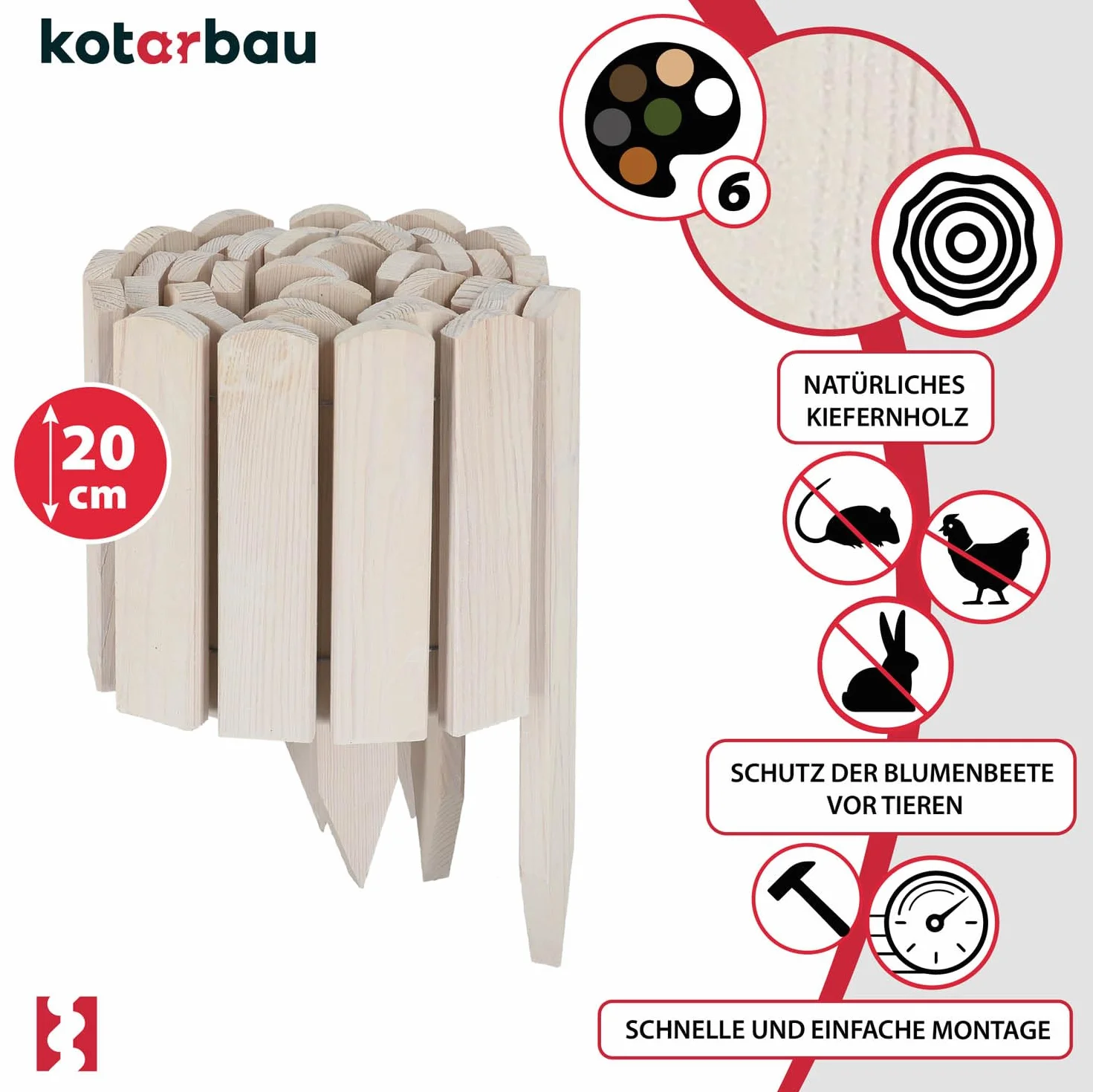 KOTARBAU® Płotek Ogrodowy Wbijany - 200 X 20 CM - Obrzeże Trawnika - Płot Drewniany - Palisada - Biały
