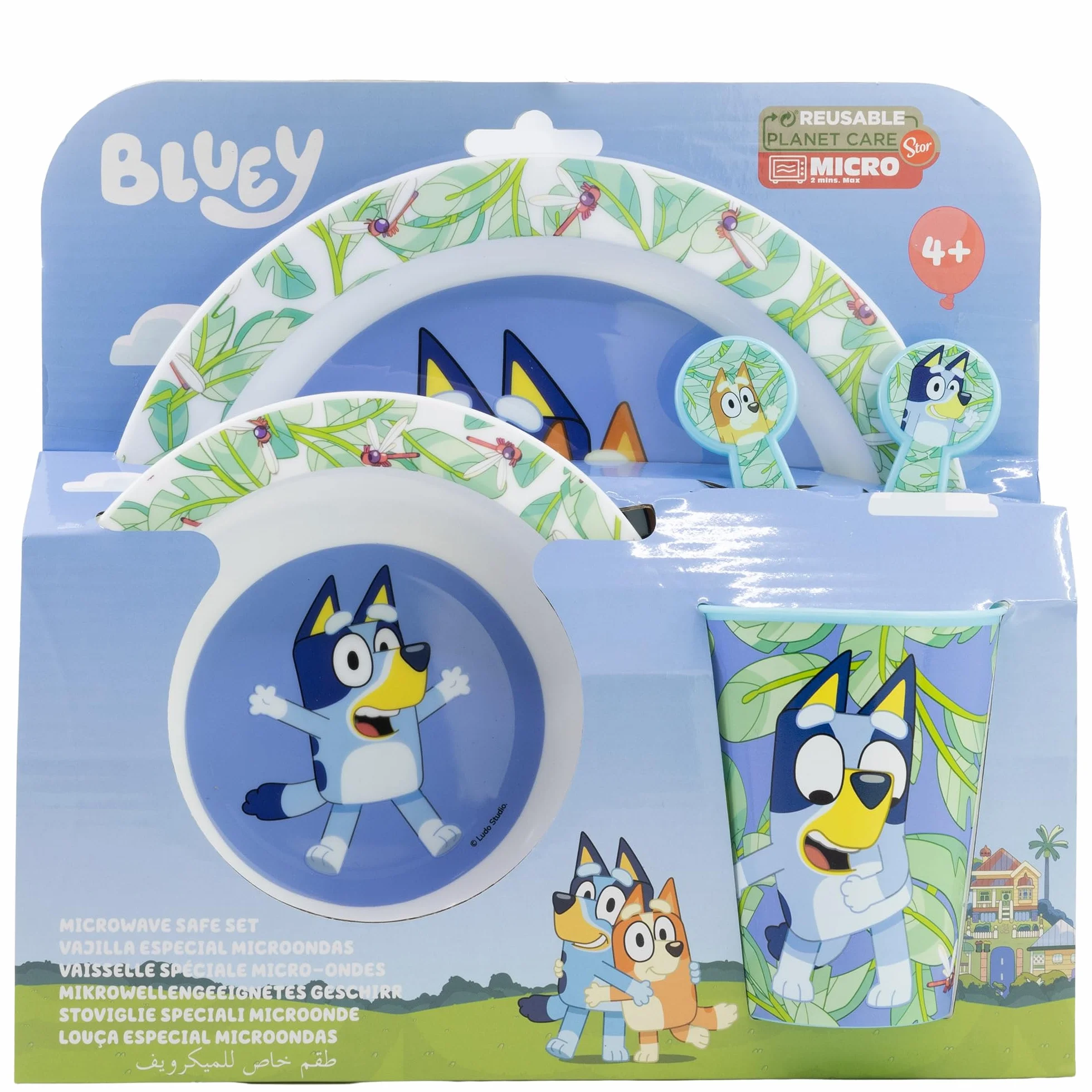 Bluey zestaw naczyń wielokrotnego użytku dla dzieci do kuchenki mikrofalowej, ze szklanką, talerzem, miską i sztućcami, Biały, Estándar, zwykły