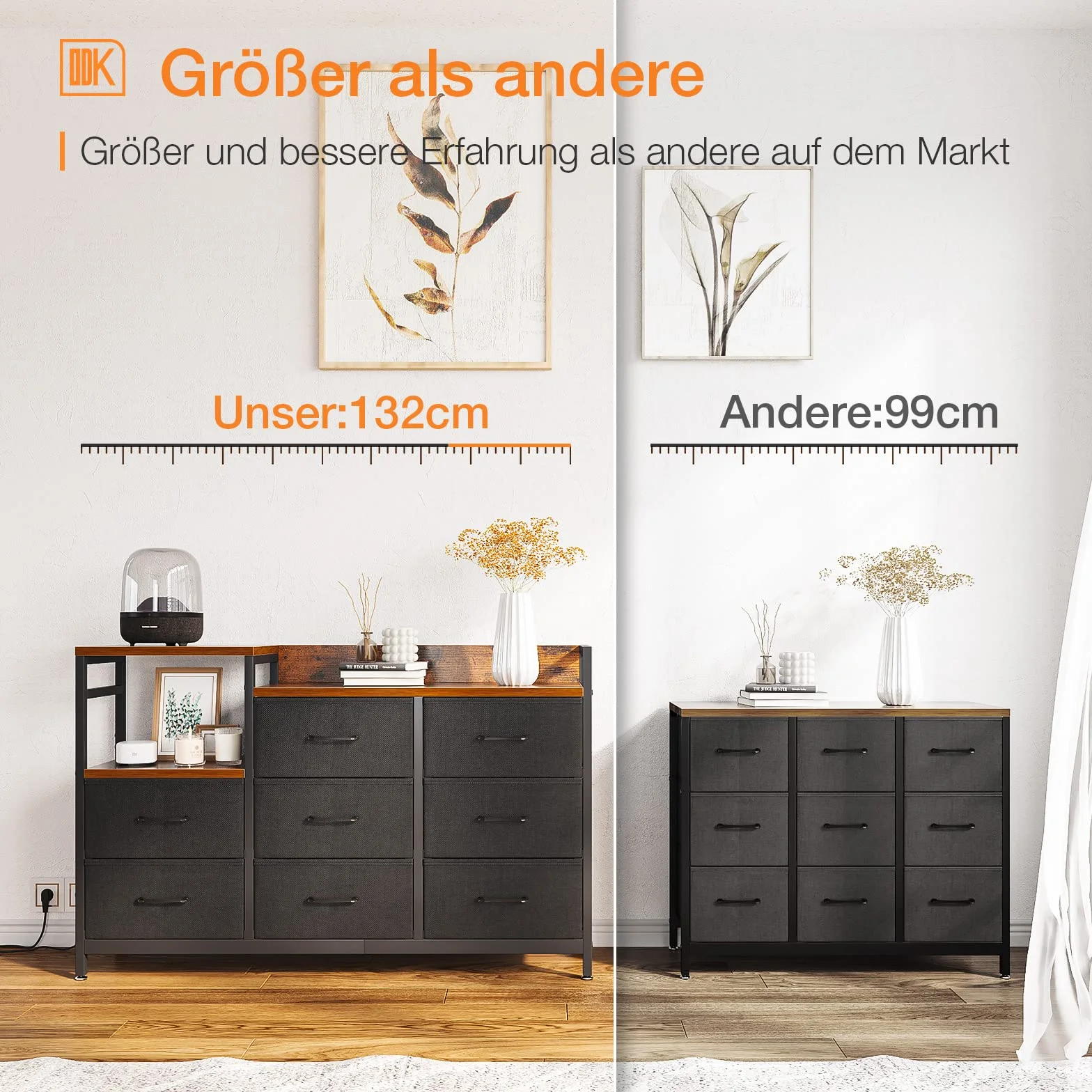 ODK Komoda z szufladami, 2 porty USB i 2 porty AC, 8 szuflad z materiału - nadaje się do wielofunkcyjnej szafy z szufladami do sypialni i salonu, 132 x 30 x 88 cm, vintage i czarna