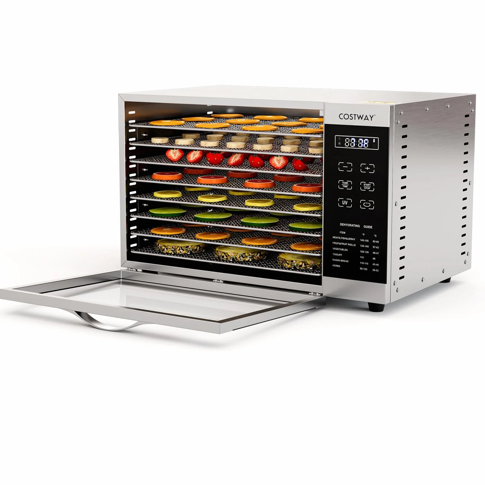 COSTWAY Suszarka do dywanów z 8 przegródkami, suszarka 620 W, regulacja temperatury 30-70°C i 24-godzinny timer, ochrona przed przegrzaniem i przeciążeniem, suszarka do dywanów do owoców, mięsa i