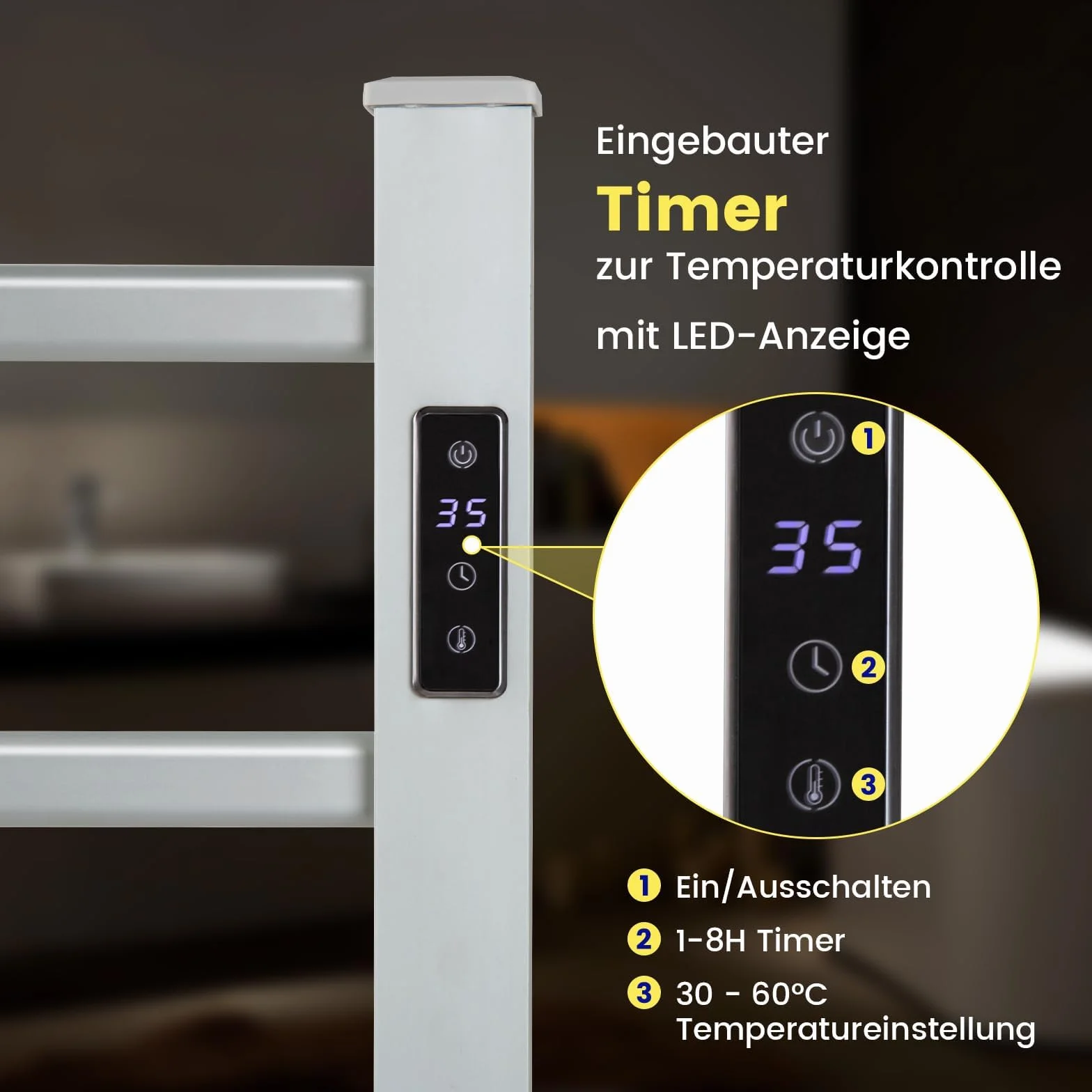 COSTWAY Podgrzewacz na ręczniki 100 W, wieszak na ręczniki, grzejnik aluminiowy, 10 min do 60°C, timer 8 h i ochrona przed przegrzaniem, z wyświetlaczem LED (54 cm x 35 cm x 91 cm)