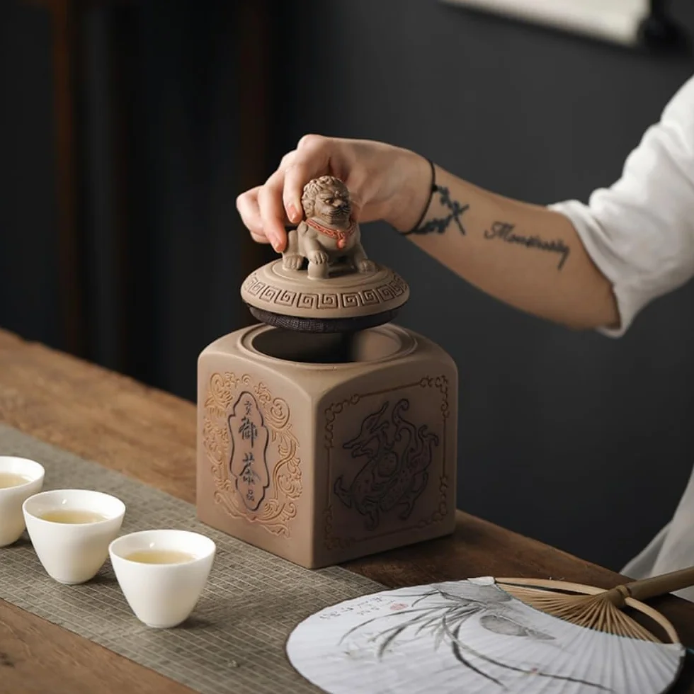 HLTYGWX Pojemnik na herbatę ceramiczny luzem pojemnik do przechowywania herbaty słoik chiński Retro jadeitowa uszczelka słoik na herbatę gruba słój na herbatę czarna herbata szczelnie zamykany słoik