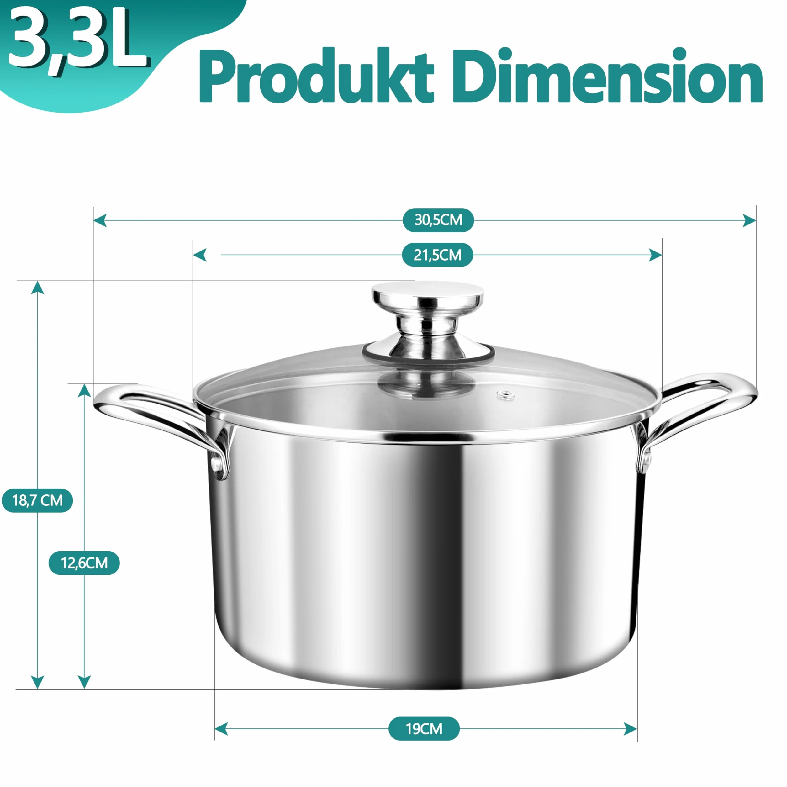 TEAMFAR Garnek do gotowania, 20 cm, indukcyjny z 3-warstwowej stali nierdzewnej, 3,3 l, garnek do makaronu garnek do mięsa ze szklaną pokrywką, do wszystkich rodzajów kuchenek, stal nierdzewna