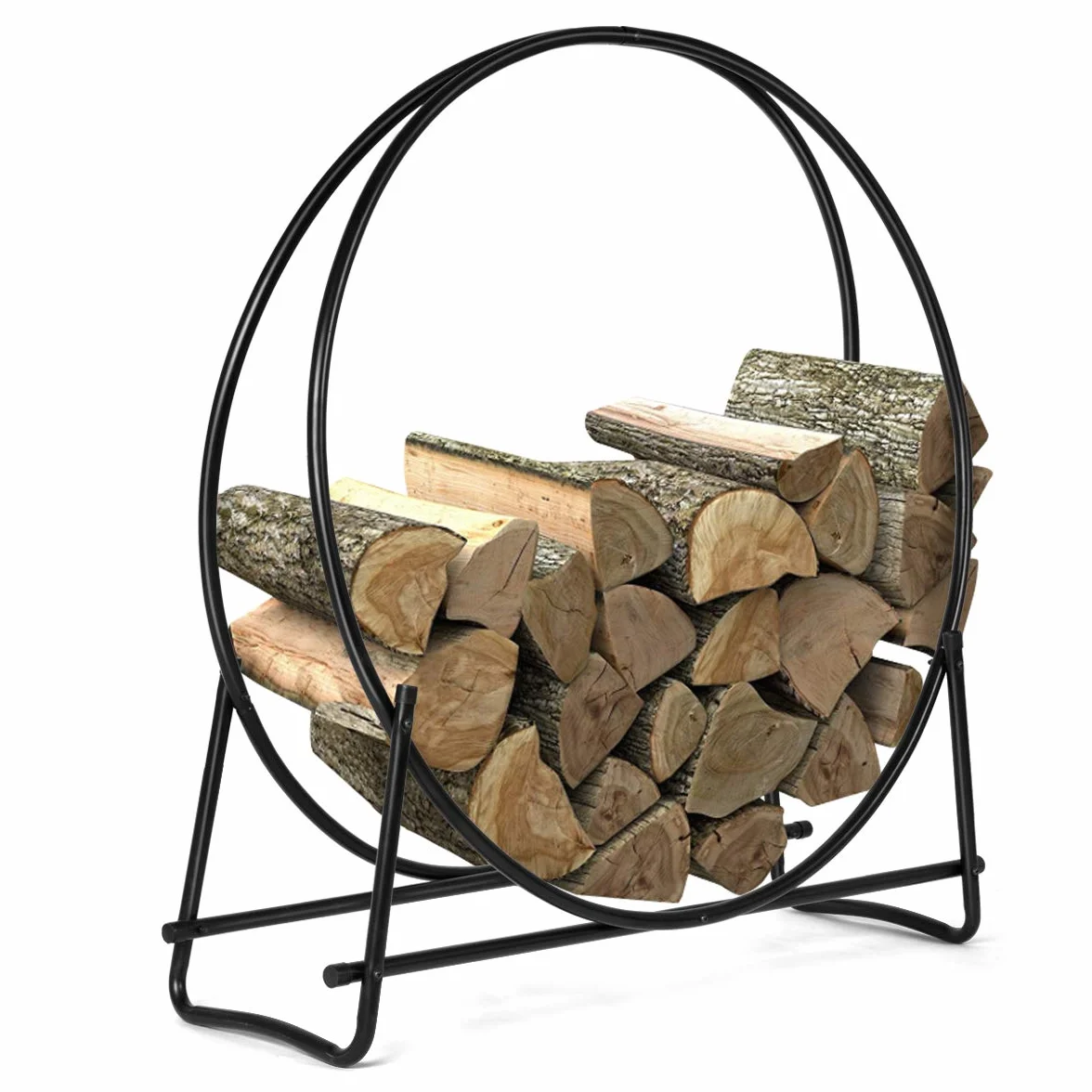 GOPLUS stojak na drewno kominkowe, uchwyt na drewno kominkowe, regał na drewno kominkowe, drewniana podstawa na ogień, czarny, okrągły 102x 95x 33cm (dł. x szer. x wys.)