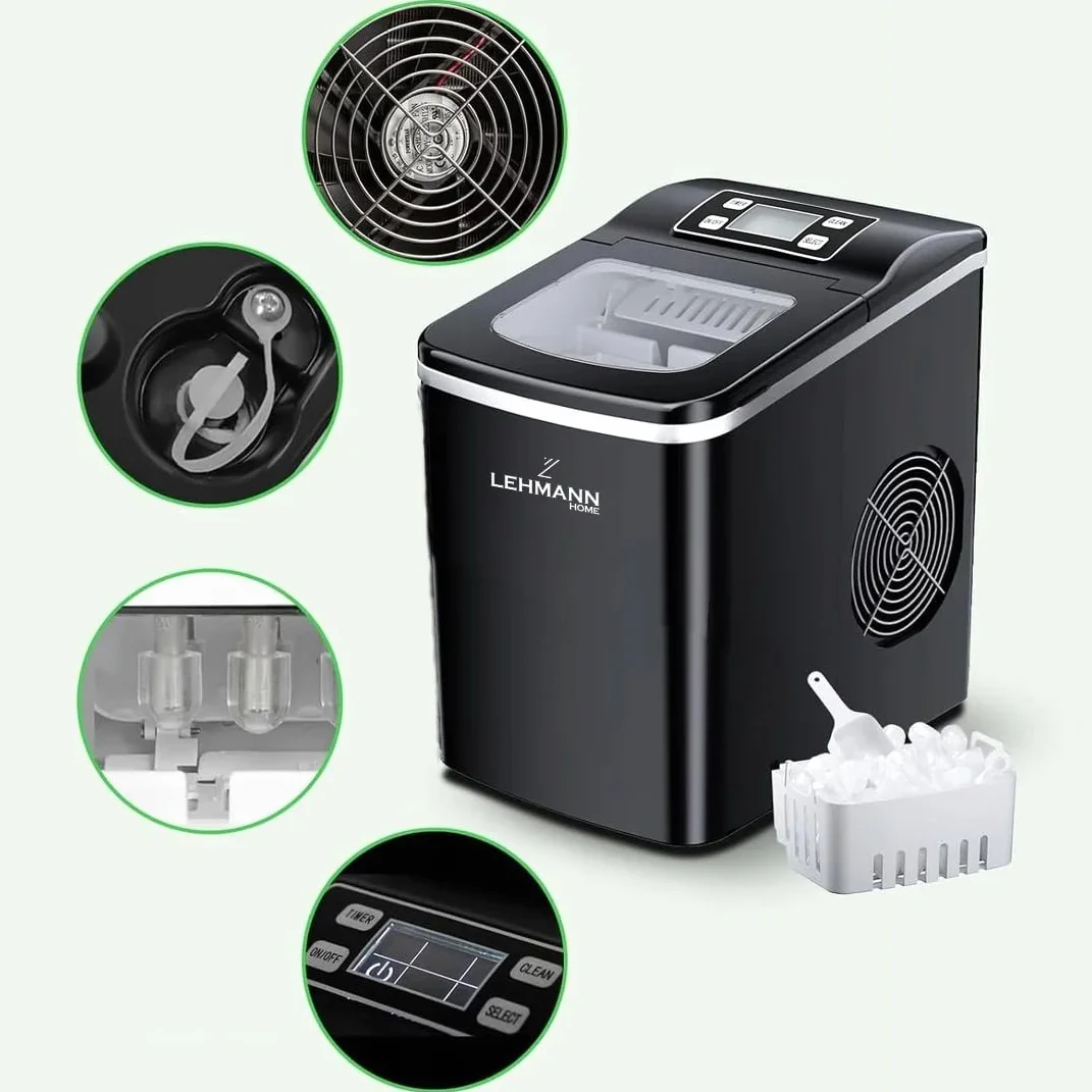 LEHMANN ‎LHOIM-1222 kostkarka do lodu 2 l, 9 kostek lodu w ciągu 6-12 minut, 12 kg w ciągu 24 godzin, automatyczne czyszczenie, 2 rozmiary kostek lodu, idealna do kuchni, biura, baru i na imprezę